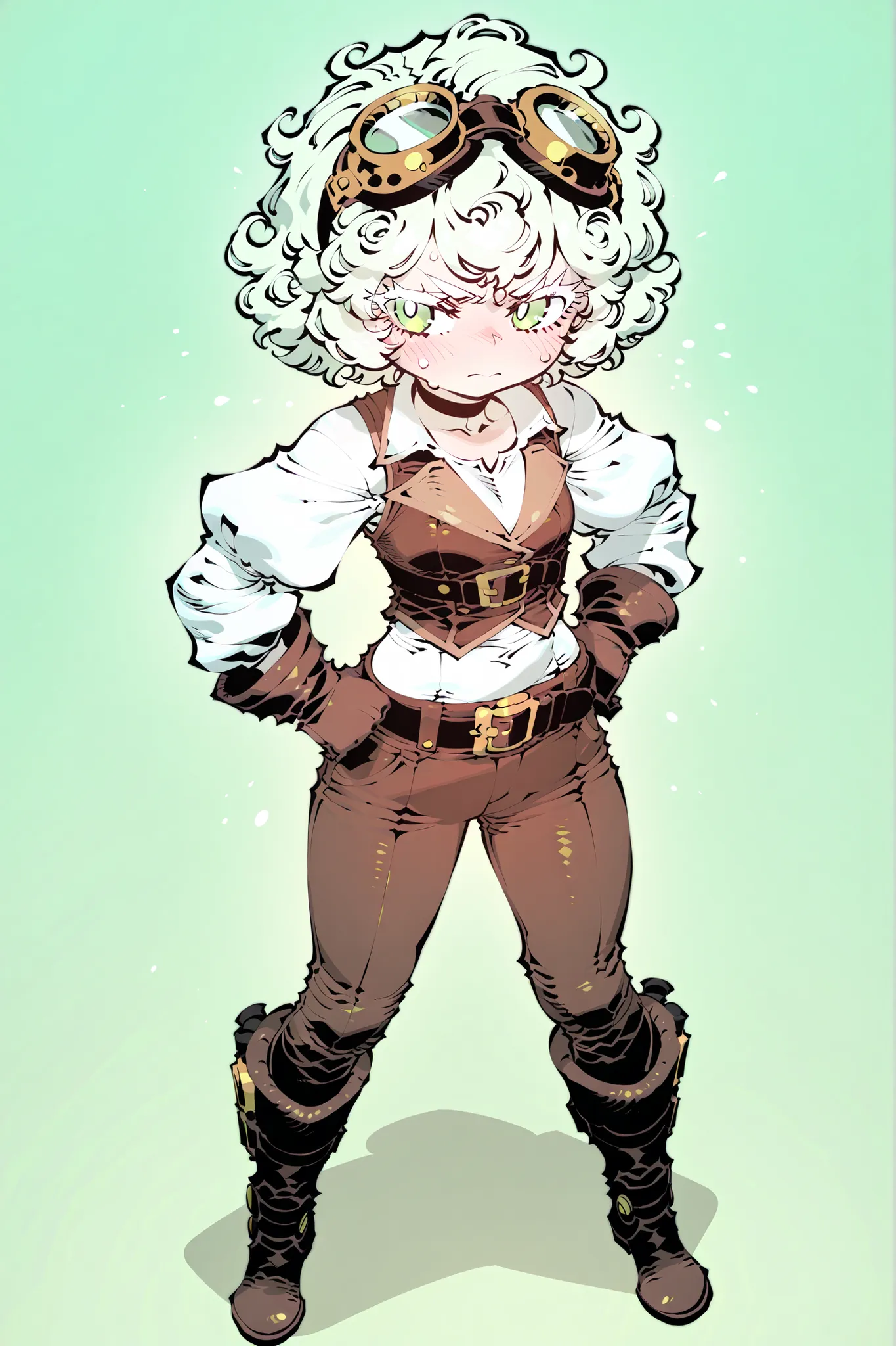 Tiny Loli,long white messy curly hair,white eyelashes,curvy body,small breasts,light green eyes,simple flat green background,top view,full body,soft body,serious expreesion,shy,angry look,eyes looking to right,ssambatea artstyle,black pupils,highly detaile...