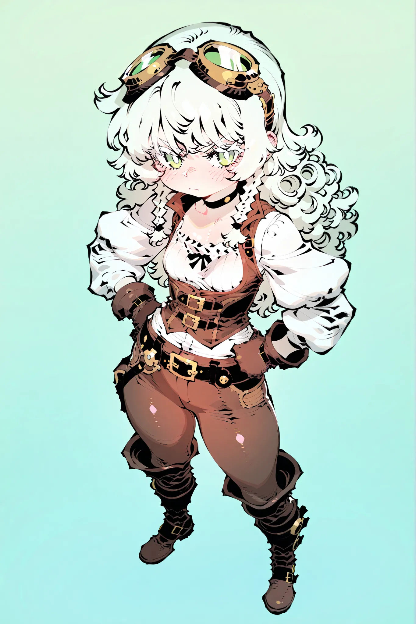 Tiny Loli, white messy long curly hair,white eyelashes,curvy body,small breasts,light green eyes,simple flat green background,top view,full body,soft body,serious expreesion,shy,angry look,eyes looking to right,ssambatea artstyle,black pupils,highly detail...