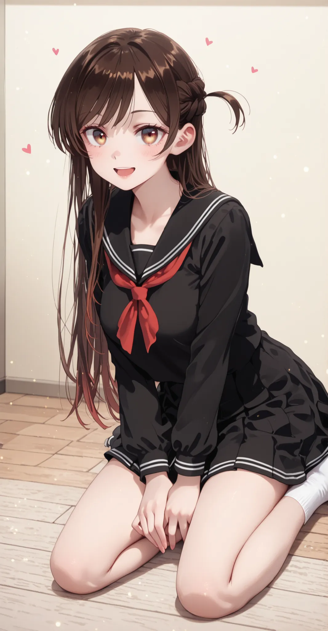 volumetric lighting:1.3,facing the front:1.3,Newest,masterpiece,ultra fine,High Quality,masterpiece,Brown Hair,Light yellow and dark brown gradation eyes,straight hair、long hair.(sailor uniform:1.3), heart hand,Slender,E cup:1.3,(open mouth:1.4),beautiful ...