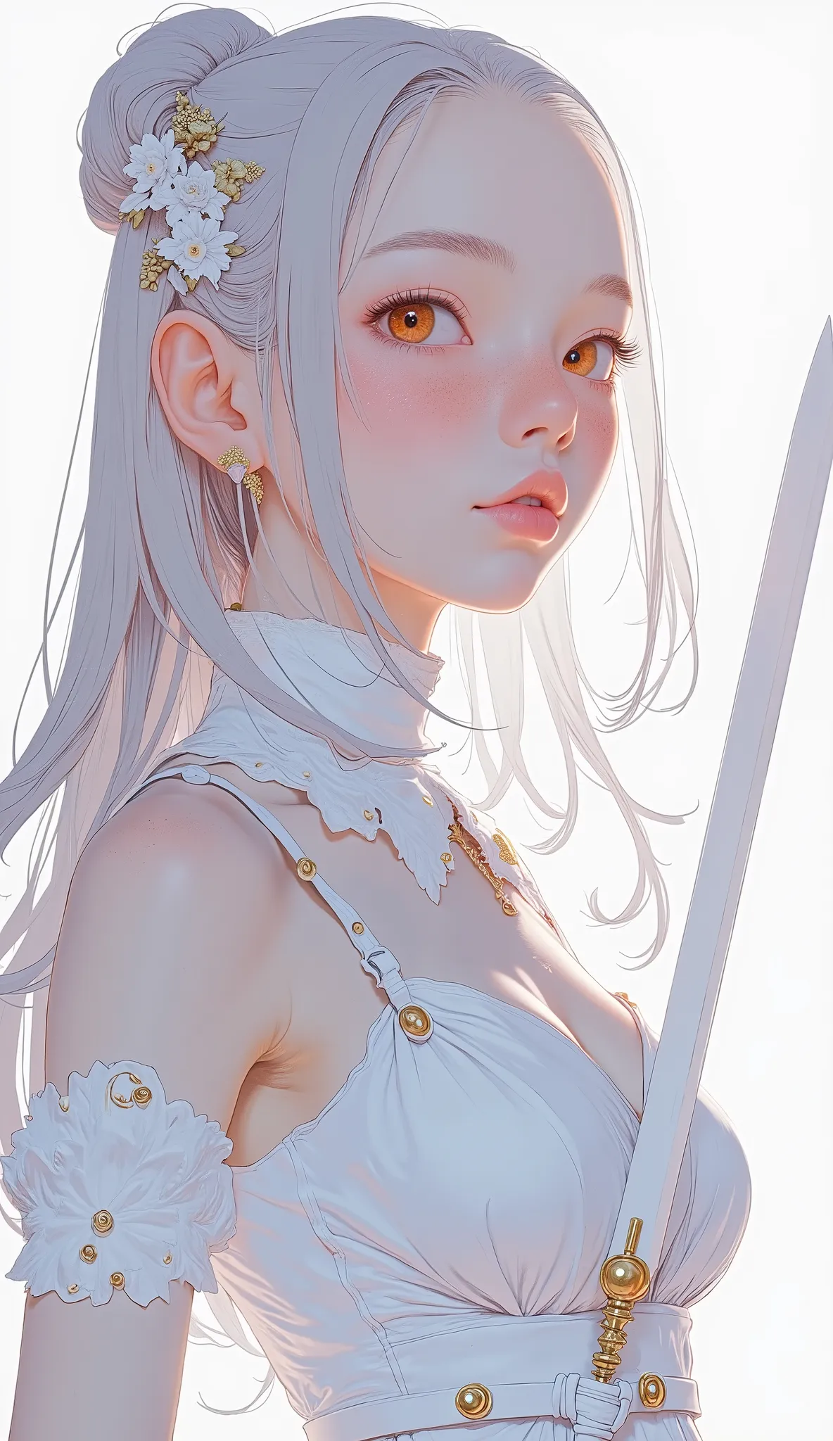  Toba painter inspired by Sharaku {x} picture of a woman in a white dress holding a sword, Angel Knight Girl, FINAL FANTASY ARTWORK CONCEPT, ( ( charming anime girls ) ), key art by Kshart Krenz、Feminine, glossy white armor, FINAL FANTASY TACTICS CHARACTER...