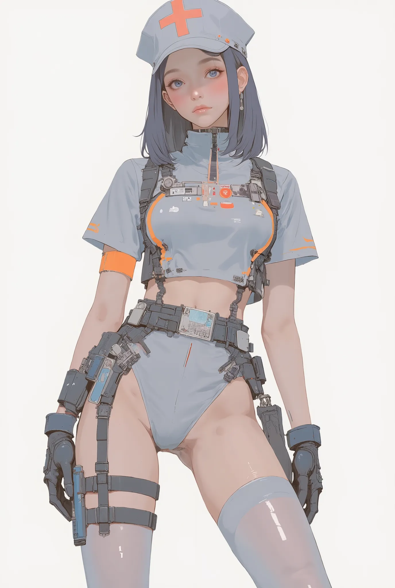 A striking illustration depicts a woman dressed in a futuristic nurse outfit. The design combines elements of medical attire with a sci-fi aesthetic, featuring a tight-fitting grey uniform accented by orange lines and symbols. Her outfit includes a nurse's...