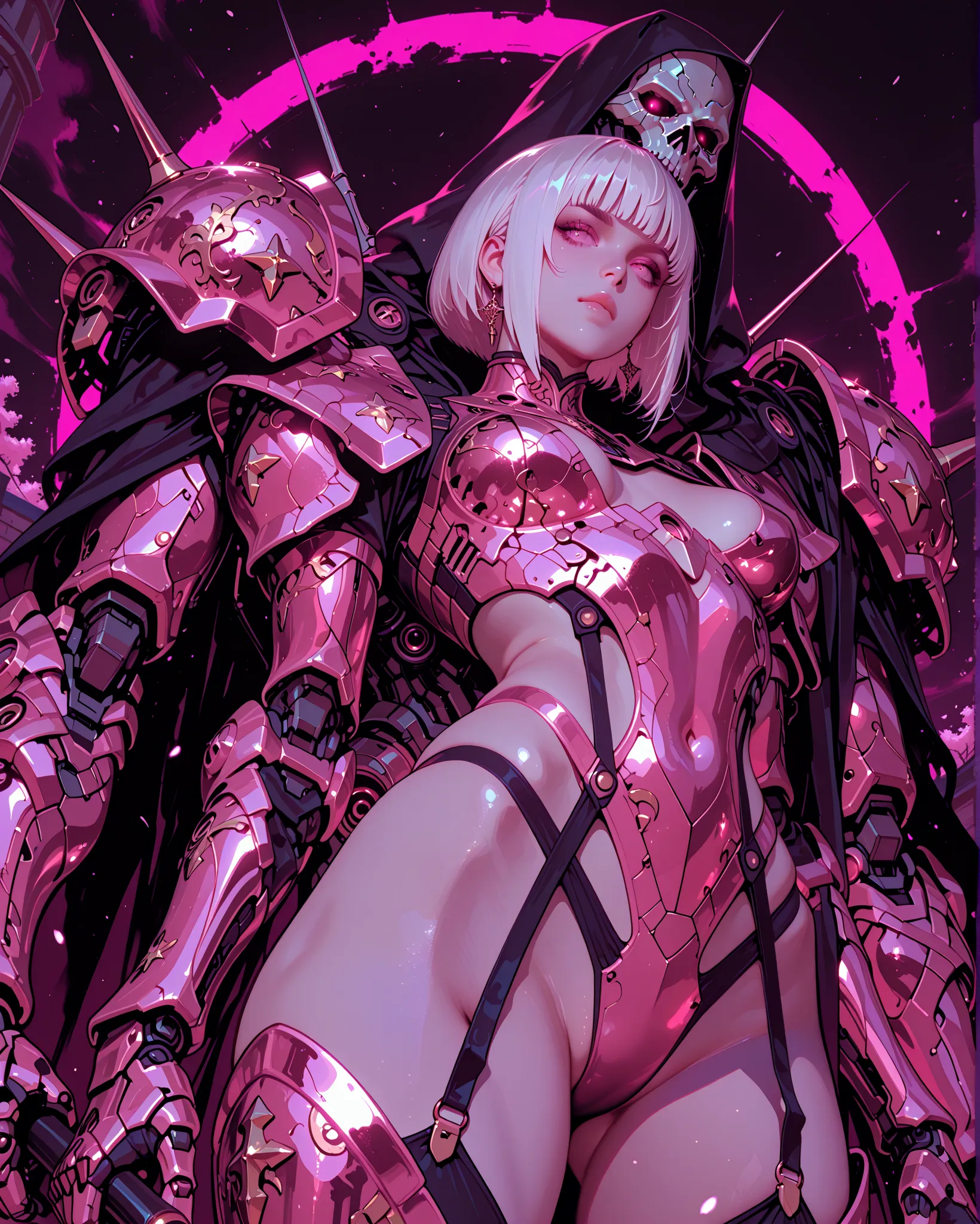 ((low angle)) Cybernetic goth girl Mecha, very high, piernas largas ,  cut bob breasts, white hair, pink and gold color on his armor, holding a reaper. dynamic posture. Background of the catacombs.