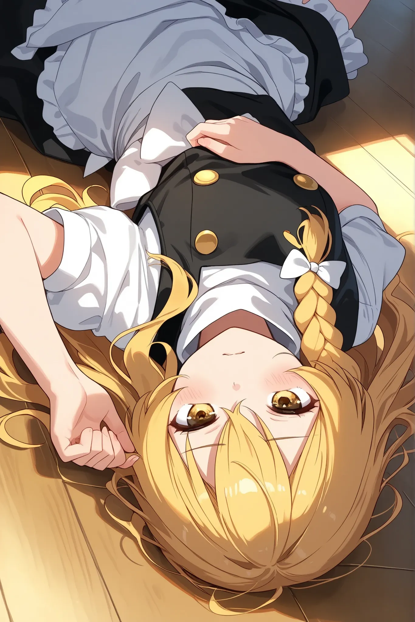 (Quality, 4k, A High Resolution, Masterpiece), Marisa Kirisame, blonde hair, long hair, side braid, golden eyes, tired, lying on the floor 
