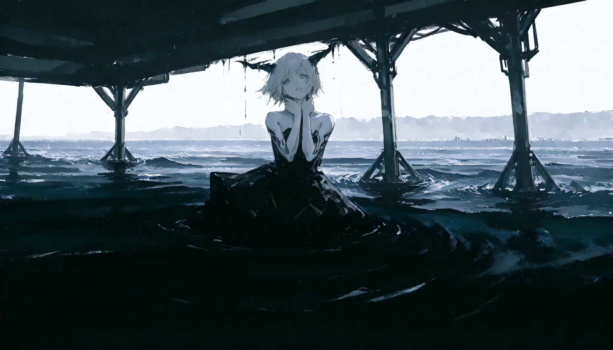 (1girl:1.5), conceptual black and white manga illustration, high contrast ink drawing, wide frame. A lone woman is fully submerged up to her shoulders in a vast, featureless sea of thick, obscure liquid — as if drowning in a symbolic, ink-like ocean of des...