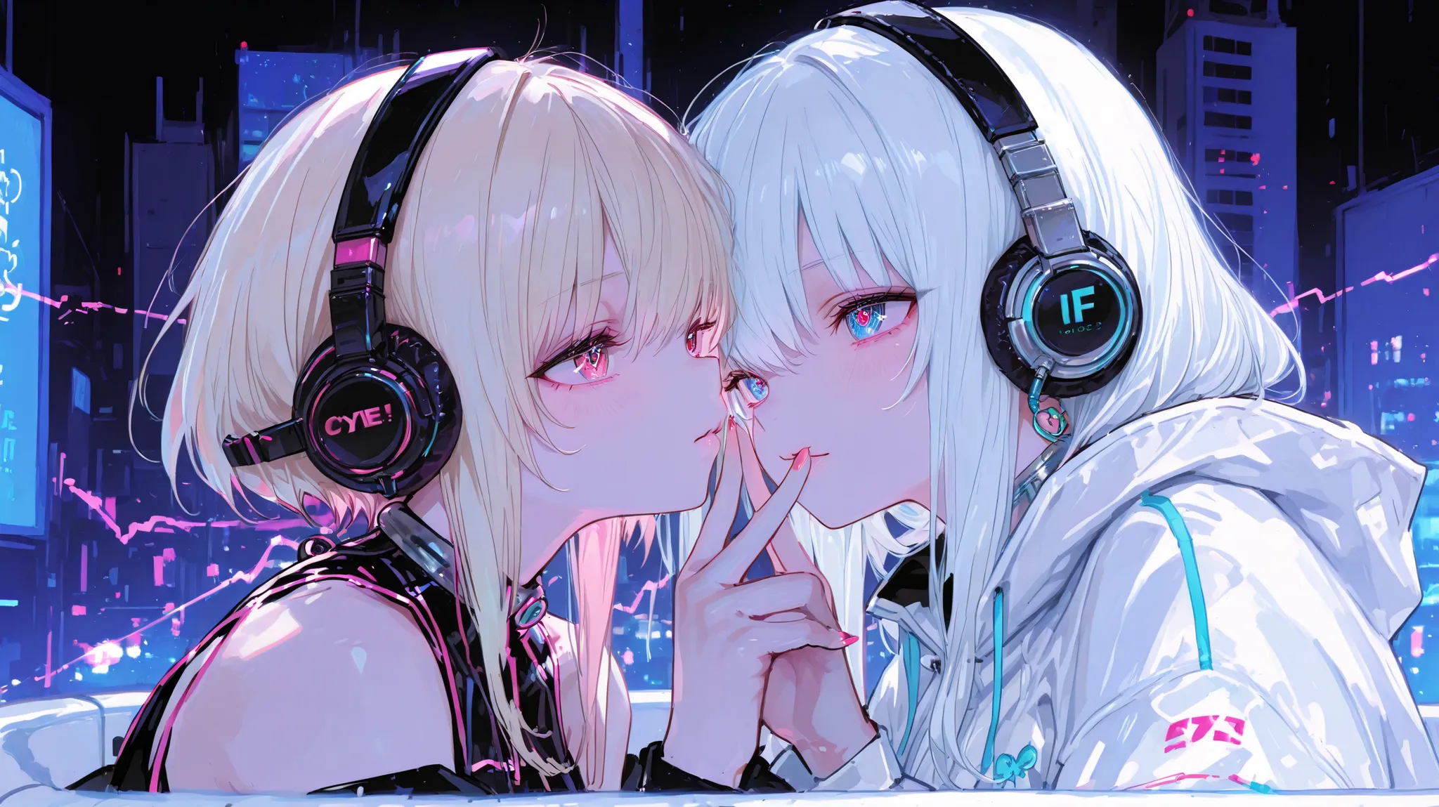 (Two Women :1.3)、two cool women、Dynamic、Cyber Fashion、headphones, Song、amazing、top quality,Cyber World Background,amazing、Moving Poses、fantastic