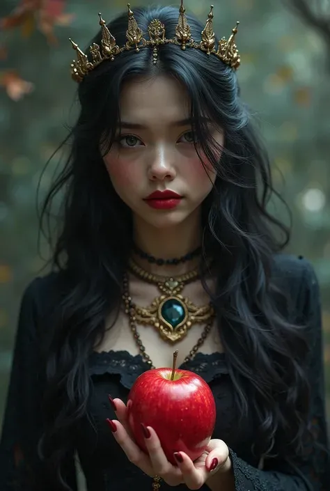 ((RAW照片)，荒诞，(荒诞分辨率))，杰作，最佳质量，(极度细致的8k unity CG壁纸)，(最佳插图)，(最佳阴影)，写实照明，美丽细致的光辉，((21岁))，女孩，长黑发，黑王后，配饰，手持苹果，毒苹果，女巫王后，红色唇膏，(((她的摄影视角)))