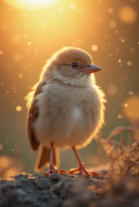 A mesmerizing close-up portrait of a beautiful little bird illuminated by the soft golden light of a quiet morning, with vibrant bokeh balls gently framing their delicate shape.