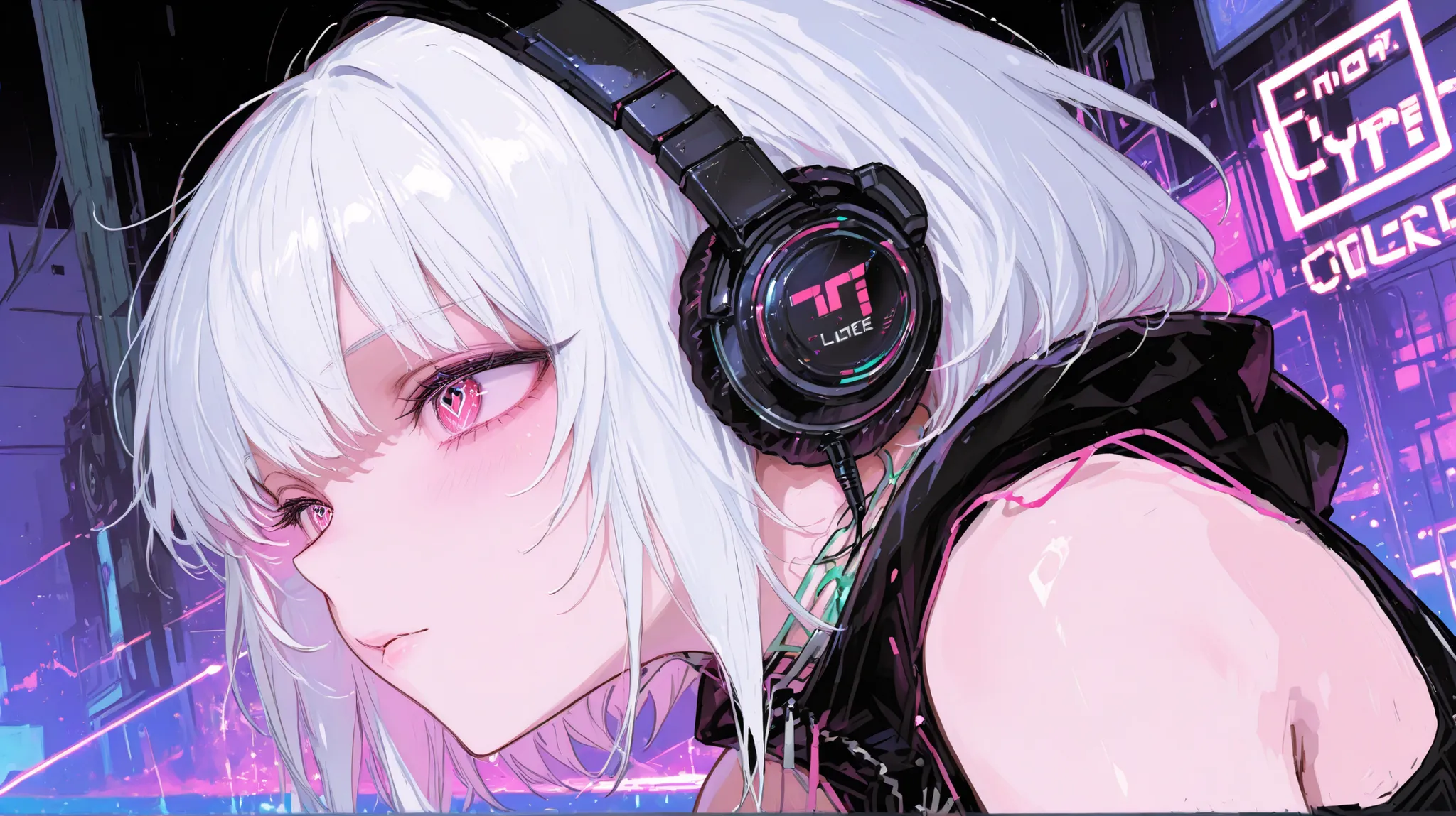 (Two Women :1.3)、two cool women、Dynamic、Cyber Fashion、headphones, Song、amazing、top quality,Cyber World Background,amazing、Moving Poses、fantastic