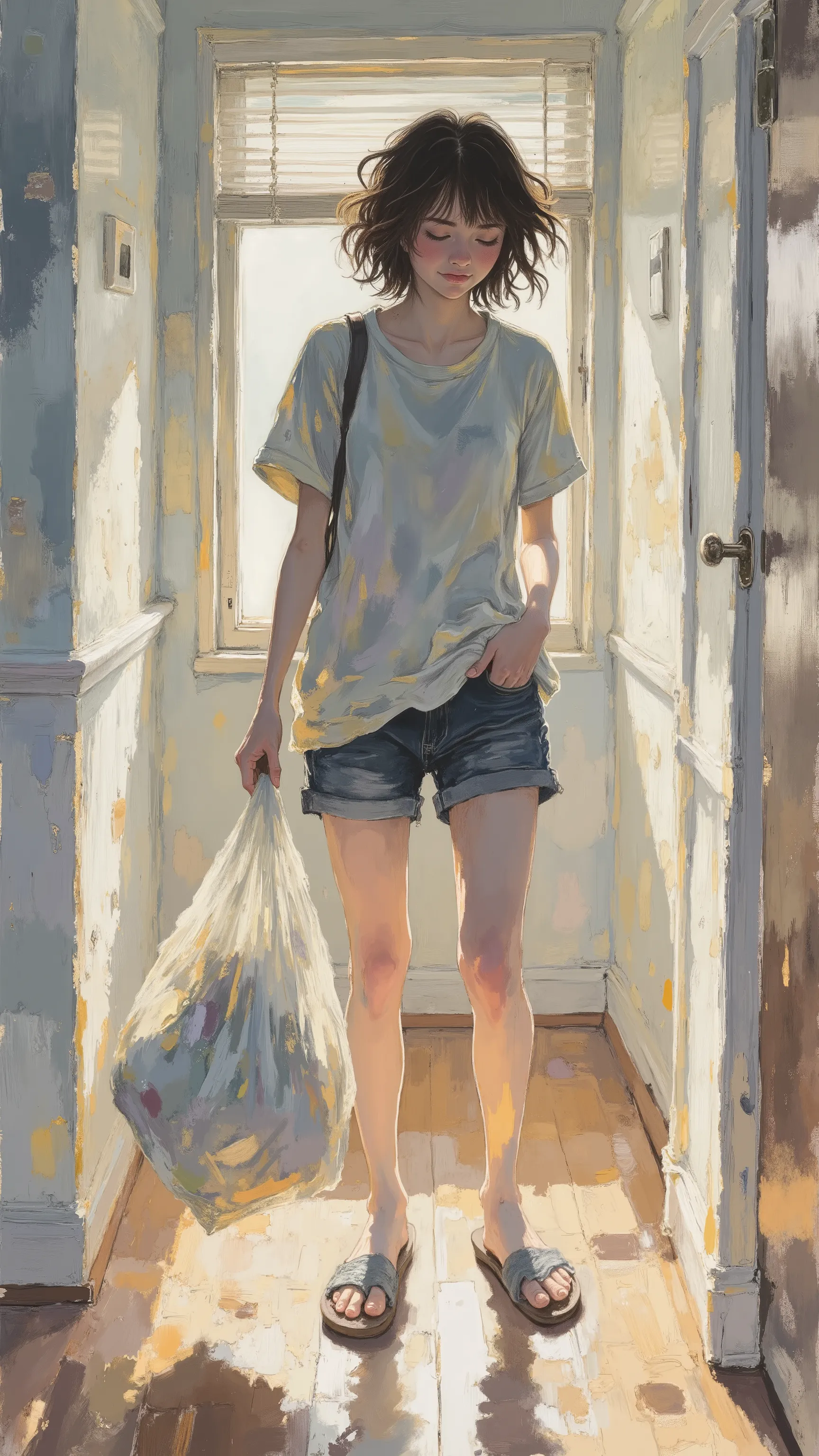 anime woman with wildly messy bed hair, oversized T-shirt and shorts, holding garbage bag, standing at apartment corridor, early morning light with long shadows, embarrassed smile, slippers falling off, casual realism, neo-anime style, soft lighting, candi...
