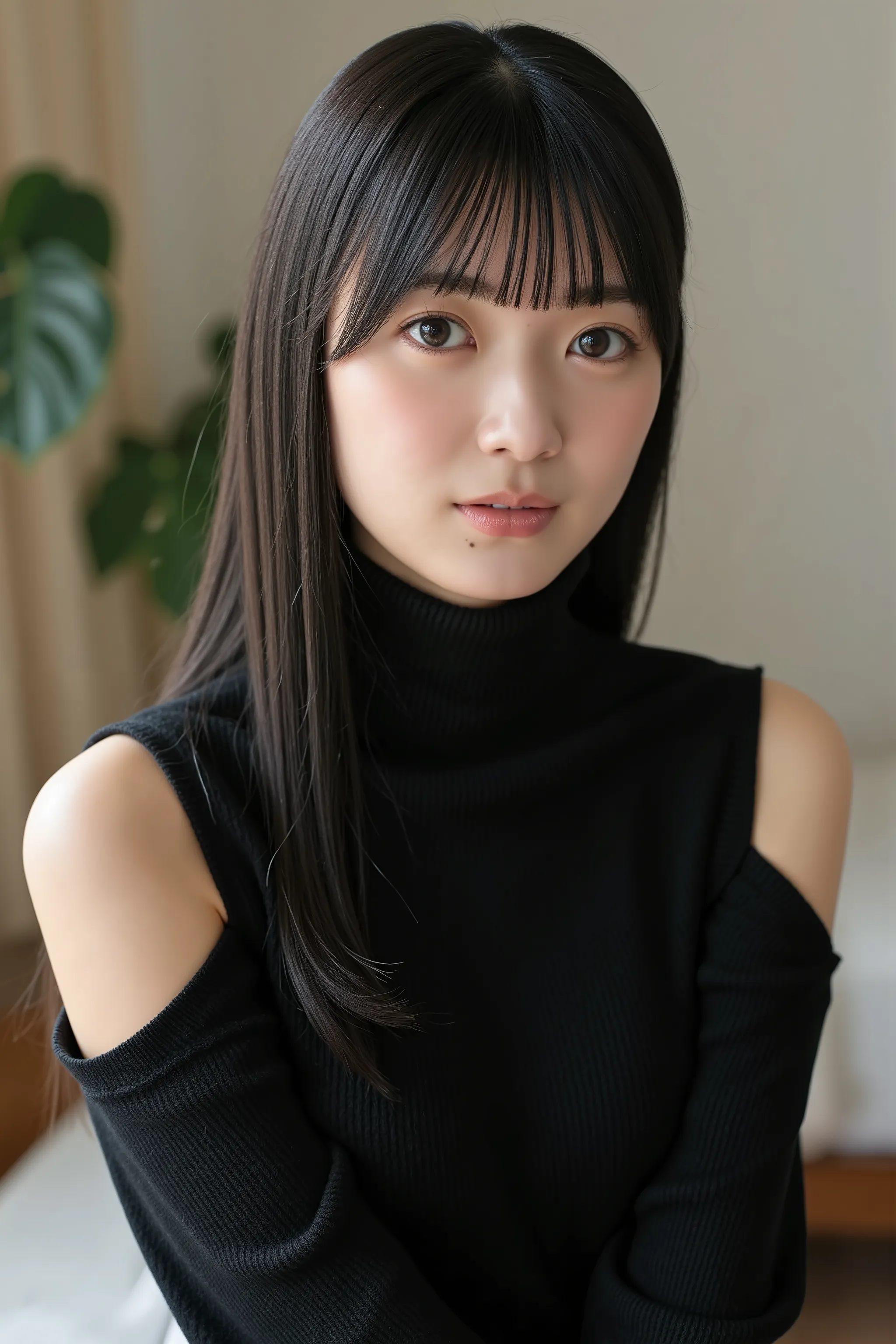 big breasts, 32k, (masterpiece:1.2, Highest quality, Ultra-high resolution, Super detailed), top quality, cute girl, fair skin, neutral expression, 
sharp focus, blurred background, looking at viewer, (Wearing a turtleneck sweater, black knit, cut out shou...