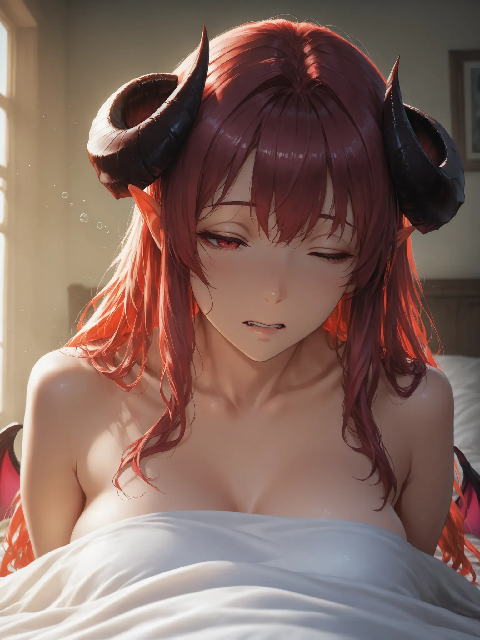2 women, 1 is a succubus, 1 is a human, morning, waking up, detailed portrait, succubus with horns, pointed ears, sharp features, alluring expression, human woman with soft features, sleepy expression, sunlit bedroom, satin sheets, morning light, soft colo...
