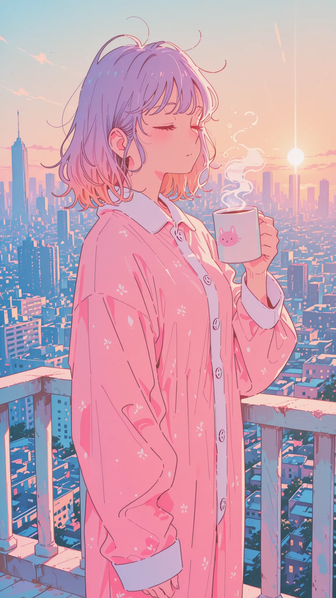 anime woman standing on a balcony in pajamas, sleepy expression, early morning sunlight, soft ambient light, slightly messy hair, holding a coffee mug, warm pastel tones, distant city skyline, gentle breeze, neo-anime style, emotional stillness, cinematic ...