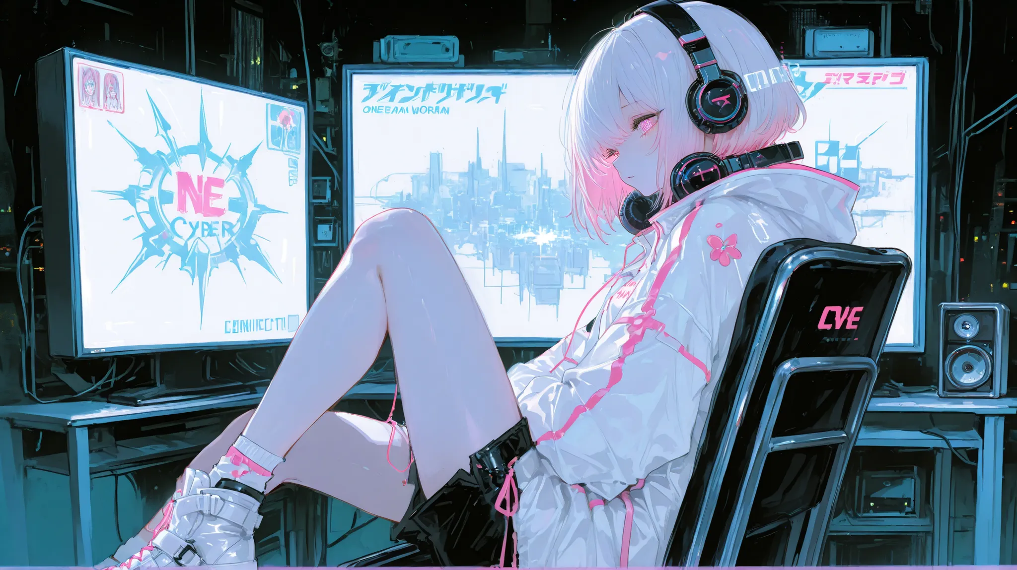 (One Woman :1.3)、one cool woman、Dynamic、Cyber Fashion、headphones, Song、amazing、top quality,Cyber World Background,amazing、Moving Poses、fantastic、sit on a chair
