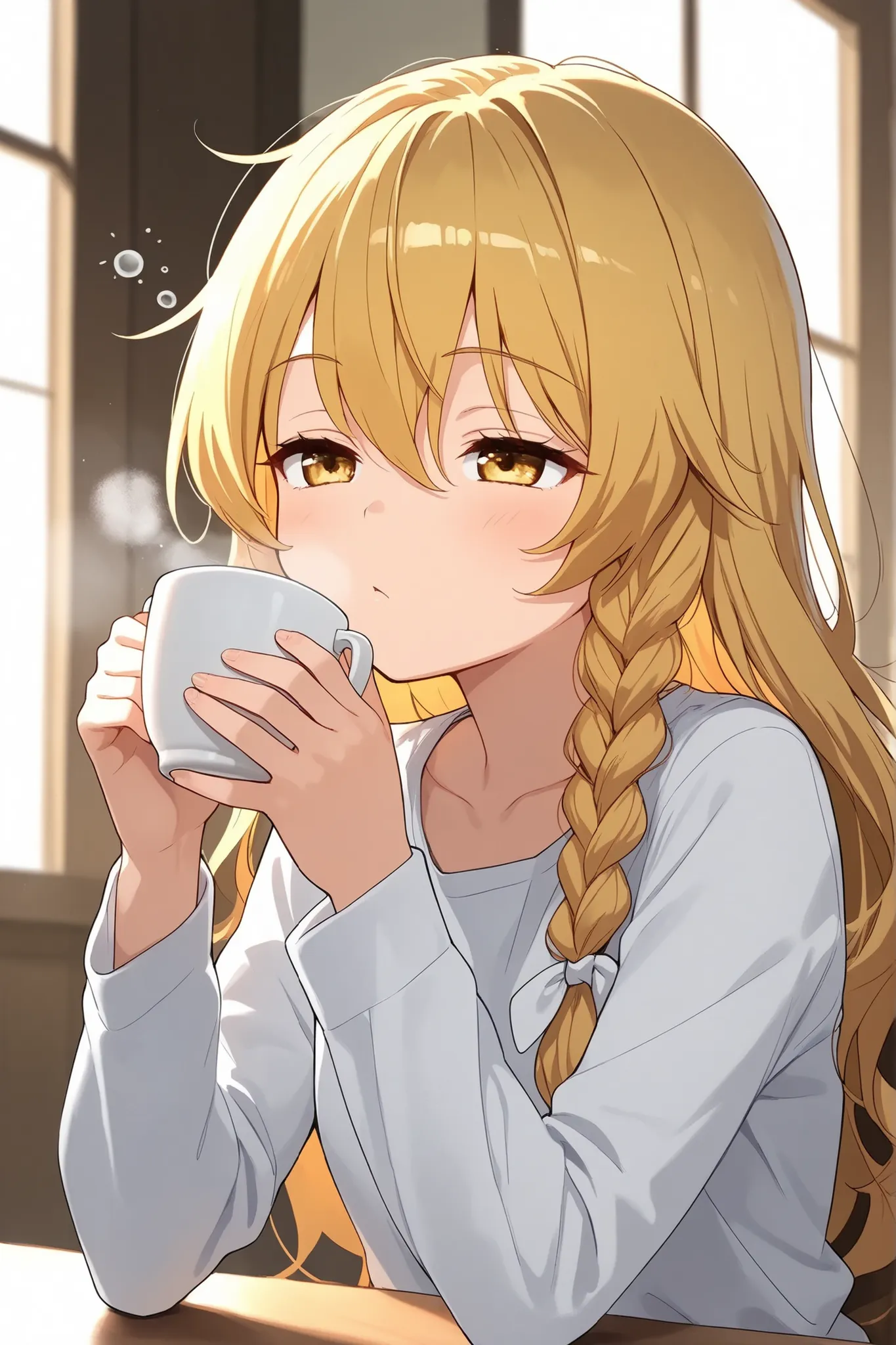 (Quality, 4k, A High Resolution, Masterpiece), Marisa Kirisame, blonde hair, long hair, side braid, golden eyes, sleepy, holding a cup of coffee 