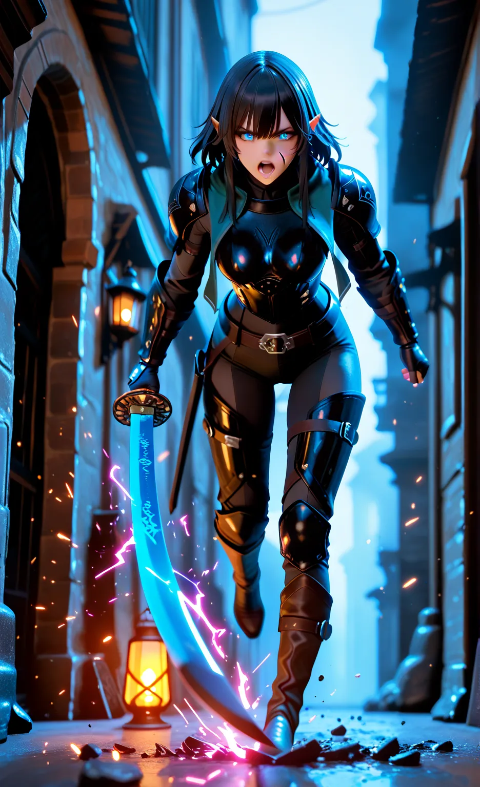 semi-realistic anime image of a half-elf rogue girl mid-action, shown from head to upper thighs. She lunges forward in a sword-slashing motion, one foot stepping outward, her upper body twisted dynamically as if just swung the sword. Her glowing black sword with violet sparks slices across the air, leaving behind a slash trail effect. She has fierce steel-blue anime eyes, slightly open mouth as if shouting, and a faint scar on her cheek. Her black mid-length hair is tied back and sways with motion. She wears tight black leather armor with silver buckles. Dramatic side-lighting from a lantern casts strong rim light and shadows. The background shows a misty medieval alley at night with glowing windows and scattered sparks.