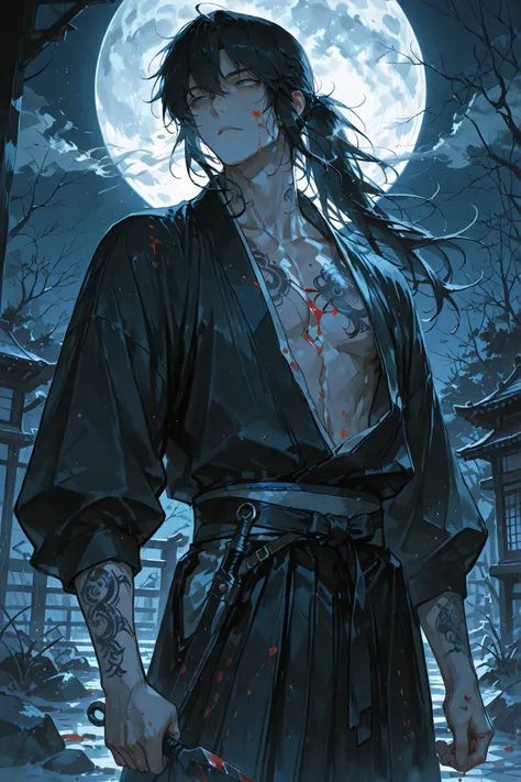 handsome anime man, age 25, youthful yet masculine, toned athletic build, long black hair in a ponytail, grey eyes, expressionless face, holding a bloodstained kunai tightly, blood splattered on his face and clothes, standing under a full moon, dark atmosp...