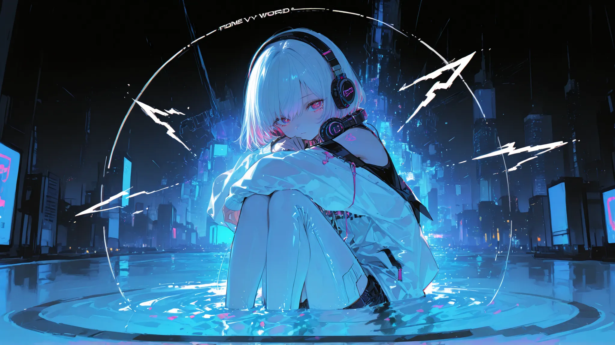 (One Woman :1.3)、one cool woman、Dynamic、Cyber Fashion、headphones, Song、amazing、top quality,Cyber World Background,amazing、Moving Poses、fantastic、in water