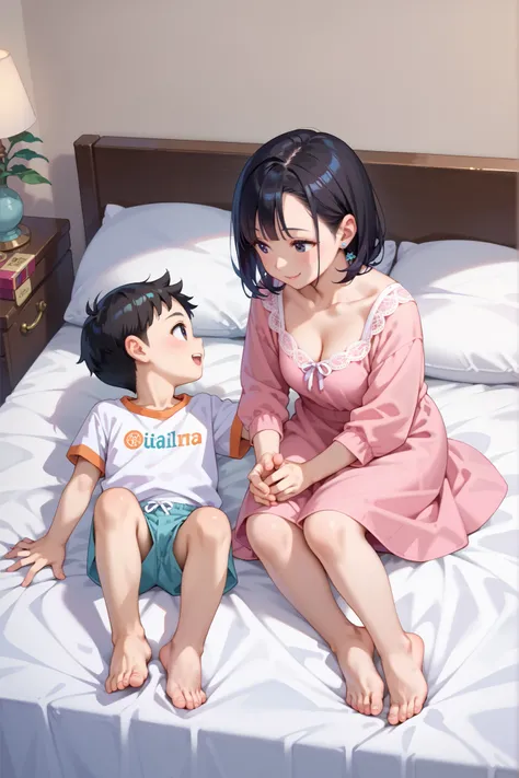 score_9, score_8_up, score_7_up, source_anime, masterpiece, highest quality, boy and girl, young boy, adult woman, black eye, black hair, mother and son, on bed, barefoot, smile, looking at each other, full body