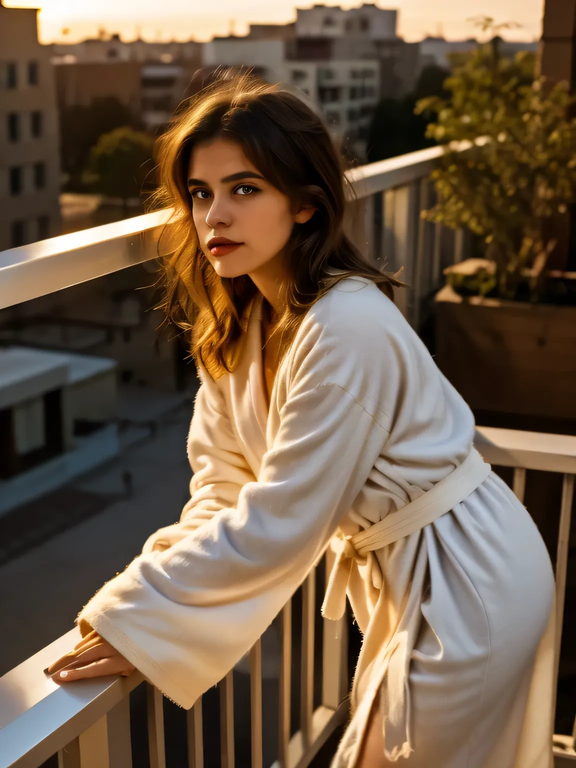 Hair messy from sleep, a young woman leans over the railing of her apartment balcony in a soft cotton robe, looking curiously toward the street. Golden hour light and muted tones.