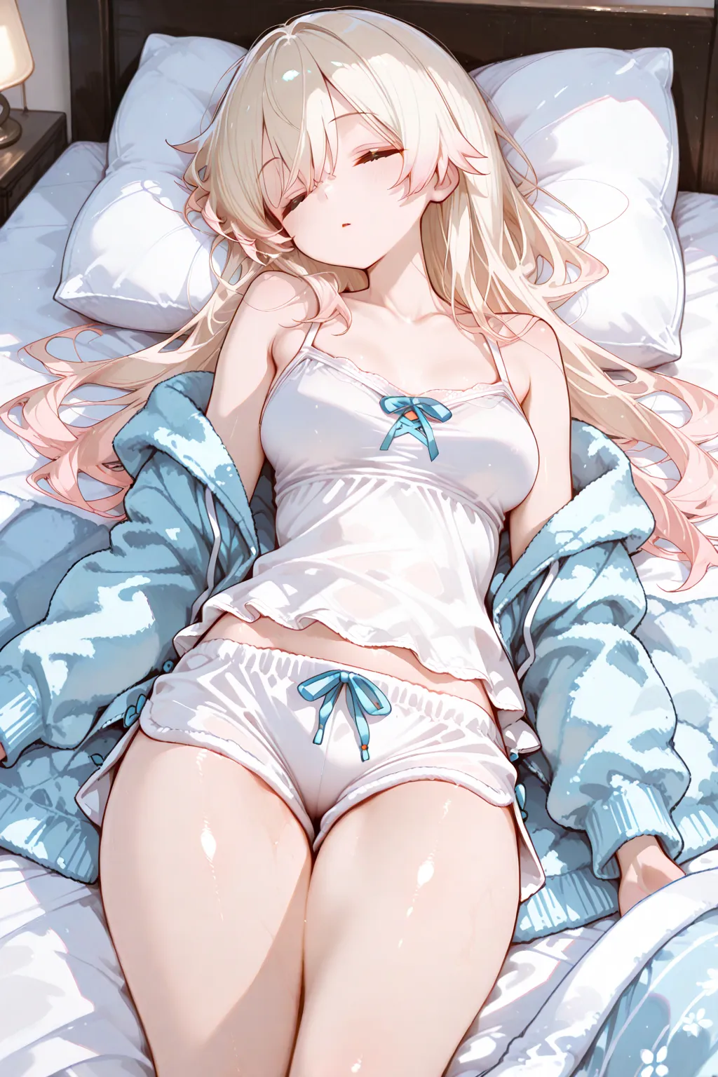 top quality、masterpiece、cute、older sister who rolls over in bed。thin futon is slightly off her shoulders、Bare skin and collarbone、A glimpse of her thighs 。sleeping face is defenseless and very gentle、sleeping with arms as pillows。bedroom where morning light shines in、white camisole and shorts set、sleeping in a natural, sexy, and cute {x} comforter with shoulders and thighs wrapped in the gap between the duvet Gu、long hair、sleeping in a loungewear、very beautiful
