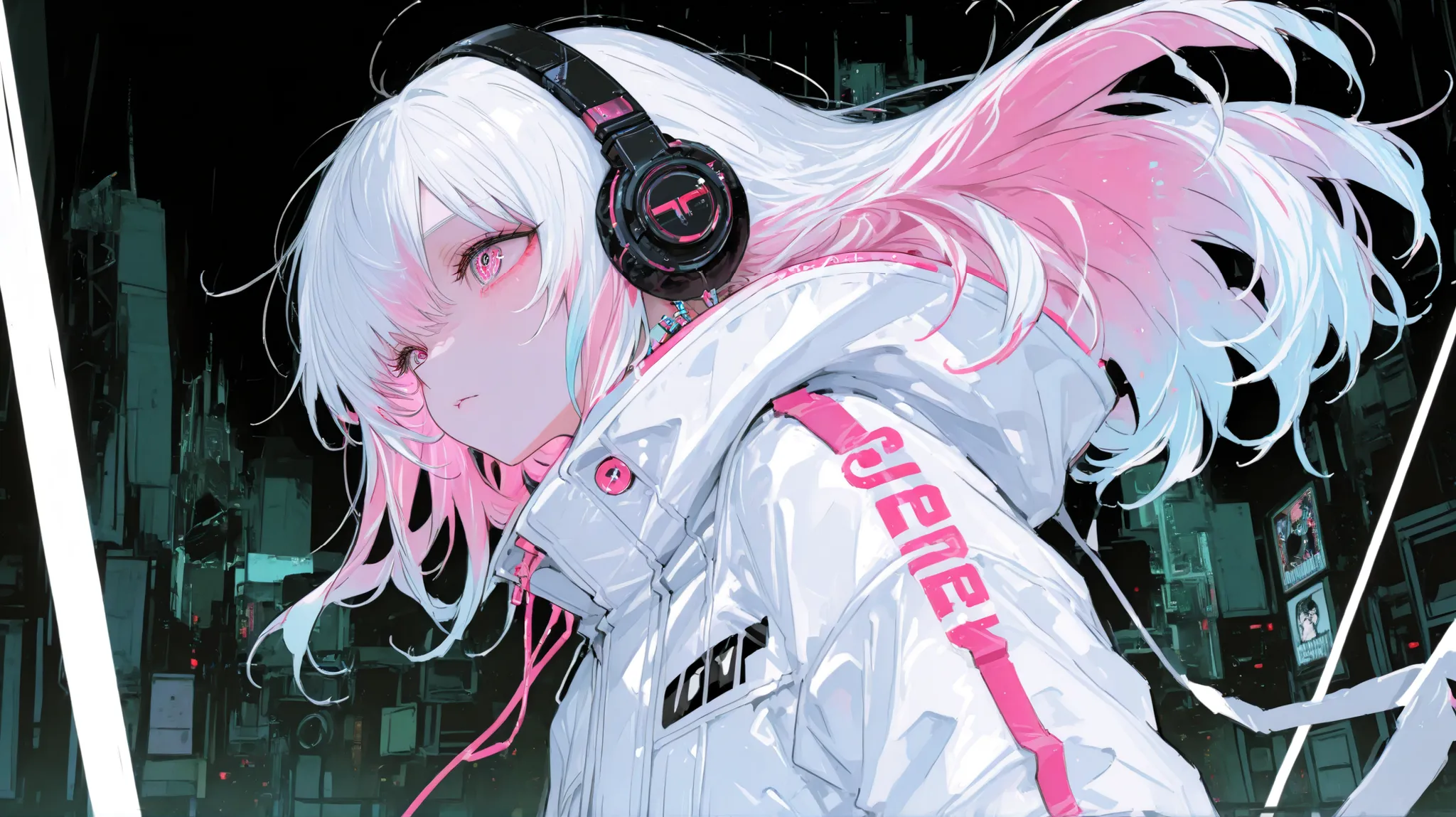 (One Woman :1.3)、one cool woman、Dynamic、Cyber Fashion、headphones, Song、amazing、top quality,Cyber World Background,amazing、Moving Poses、fantastic、white coat、multicolored hair