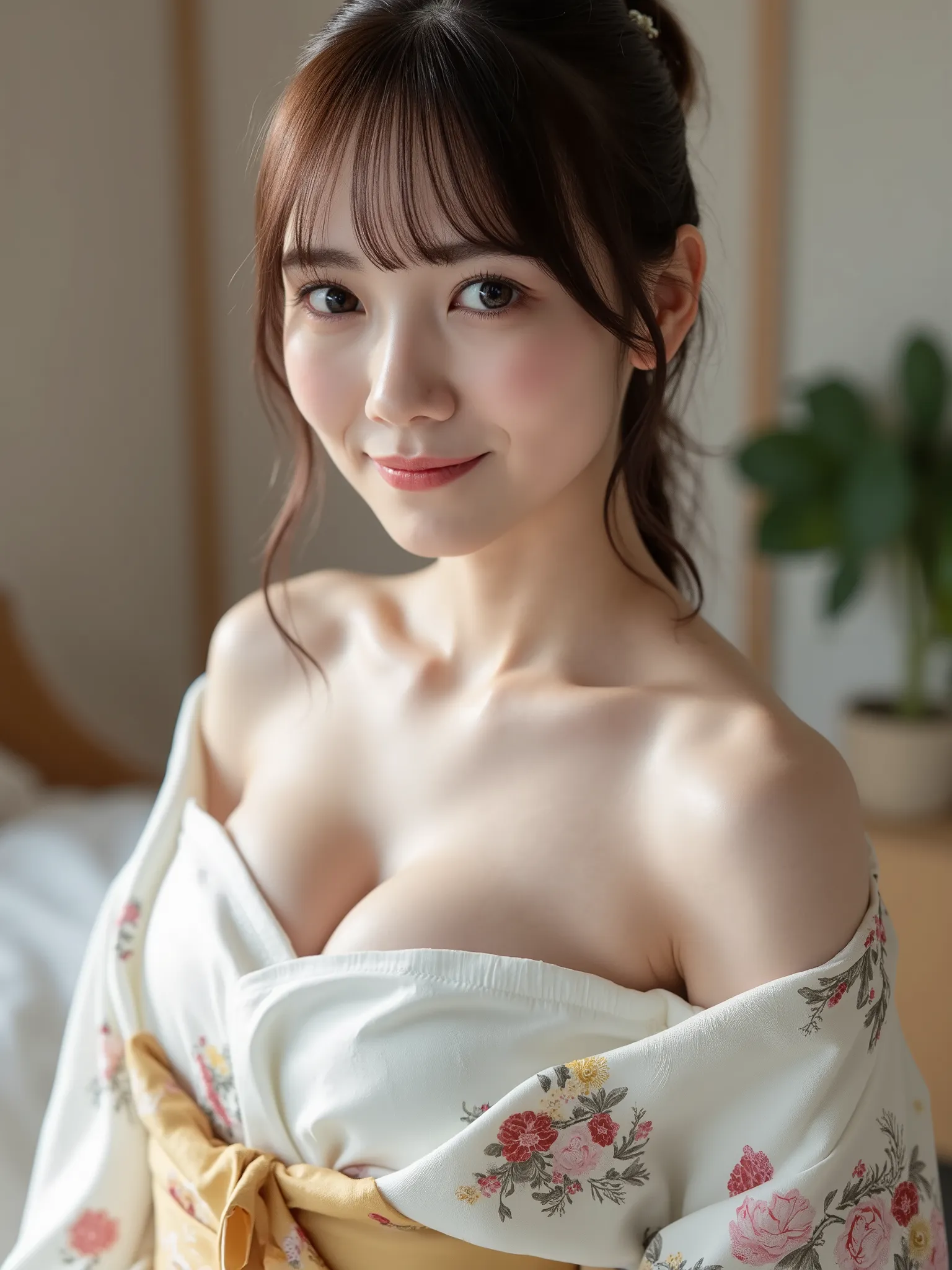 Beautiful Yukata Girl,    A young girl   , Detailed Face, realistic textured skin, perfect anatomy, Perfect fingers, Very Cute Face, Delicate Face and Eyes, Highly Detailed Eyes, highly Detailed Face, Fresh, Very Beautiful Appearance, Ultra-realistic, High...