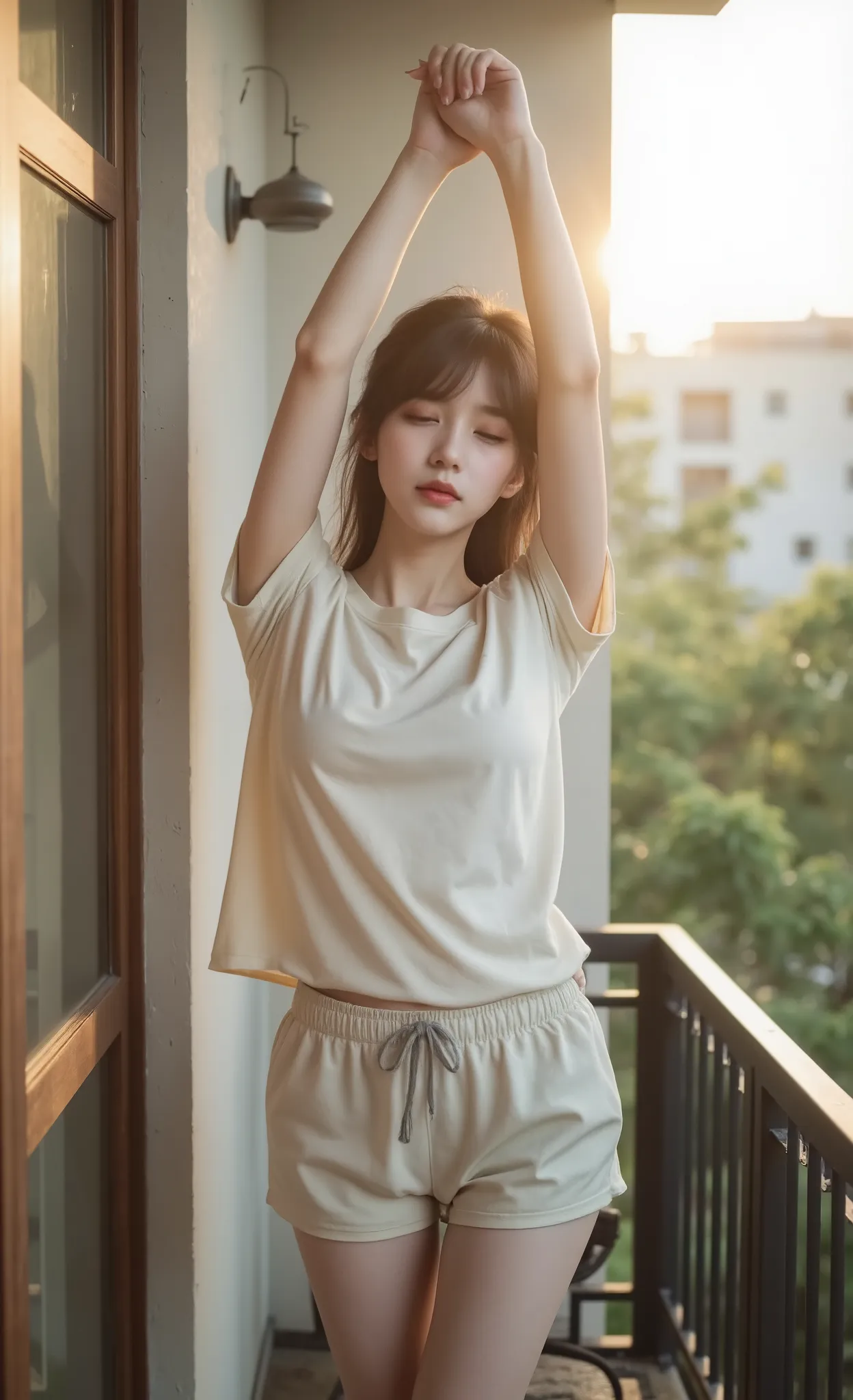 best quality, masterpiece, high sensitivity, high resolution, detailed depiction, slender woman, beautiful Asian girl, white pale skin, cute mouth, cute sleepy eyes, high nose bridge, smooth skin, perfect legs according to anatomy, perfect hands according ...