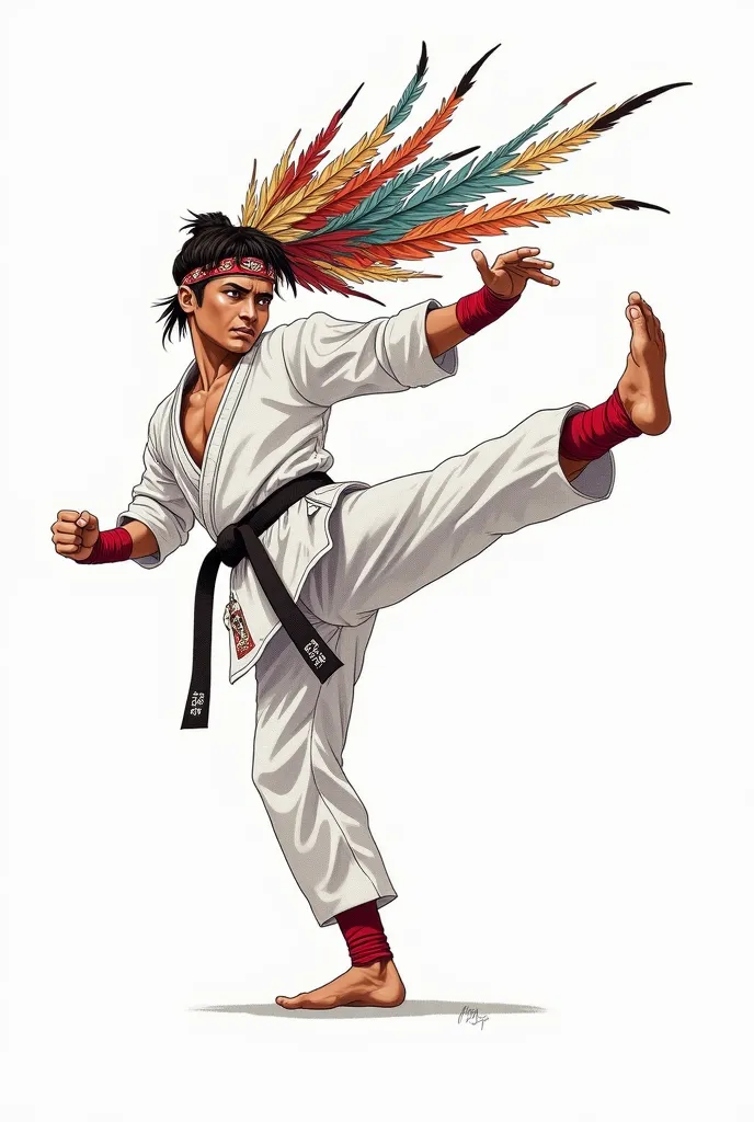 Outlined drawing to embroider, taekwondo player kicking with headband and Indian feathers