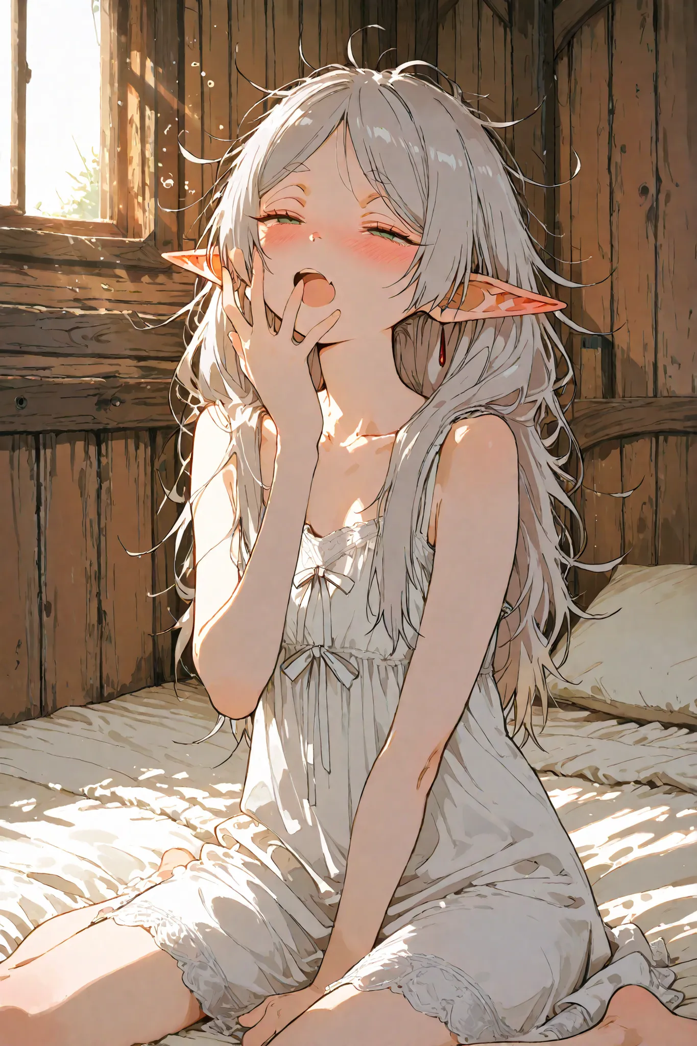 Frieren from "Sousou no Frieren", grey long hair, (messy hair:1.5),green eyes, sleepy expression, half-closed eyes, yawning, open mouth,hand covering mouth, slightly blushing cheeks, frierenpajama, elf, white nightgown, visible collarbone, bare shoulders, ...
