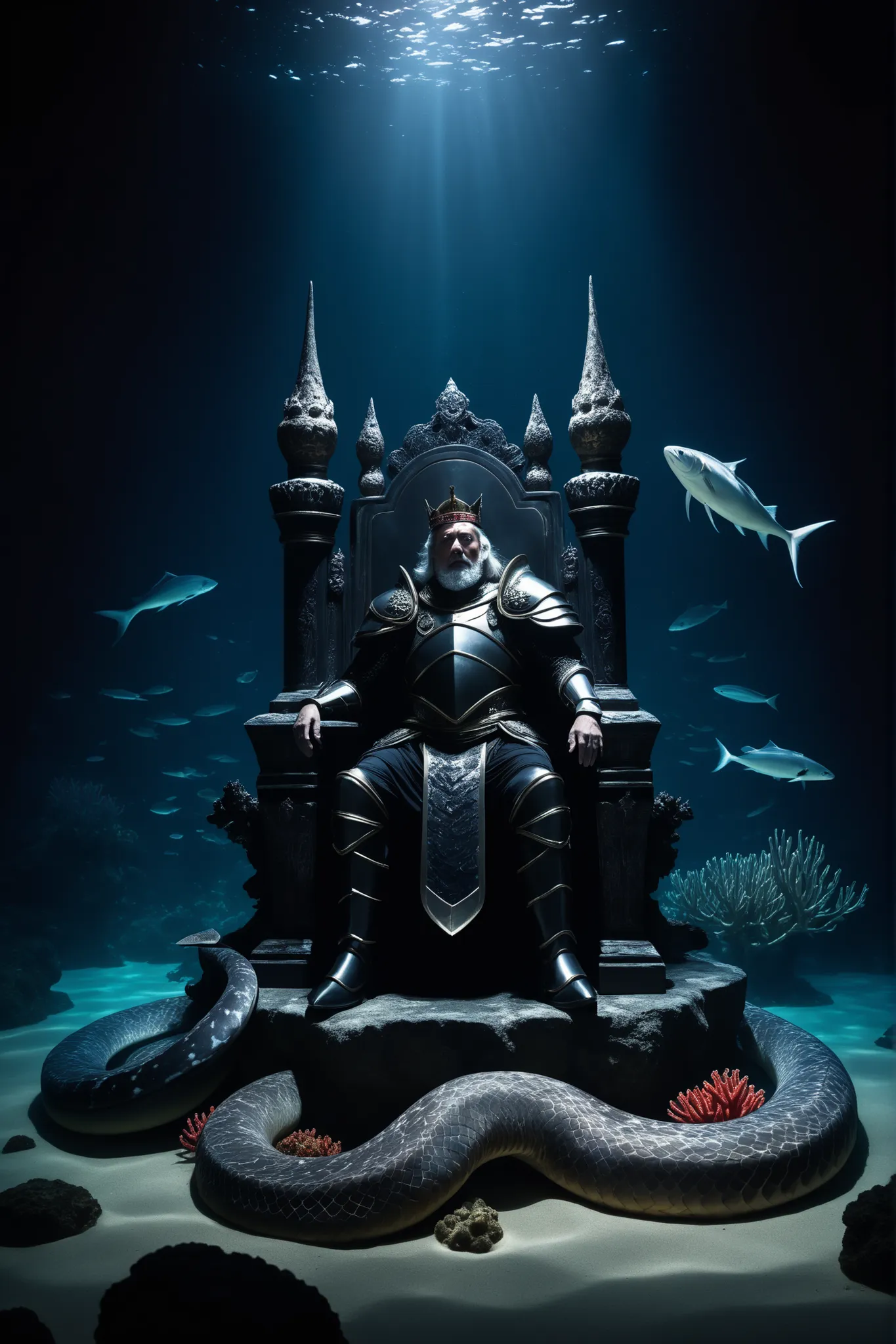 The king in old black full body armor sits on a stone throne far away in the dark sea in the dark, only the king's eyes glow red and his whole body is illuminated by dim light from above Surrounded by rocky areas and coral reefs disaster々Surrounded by sea ...
