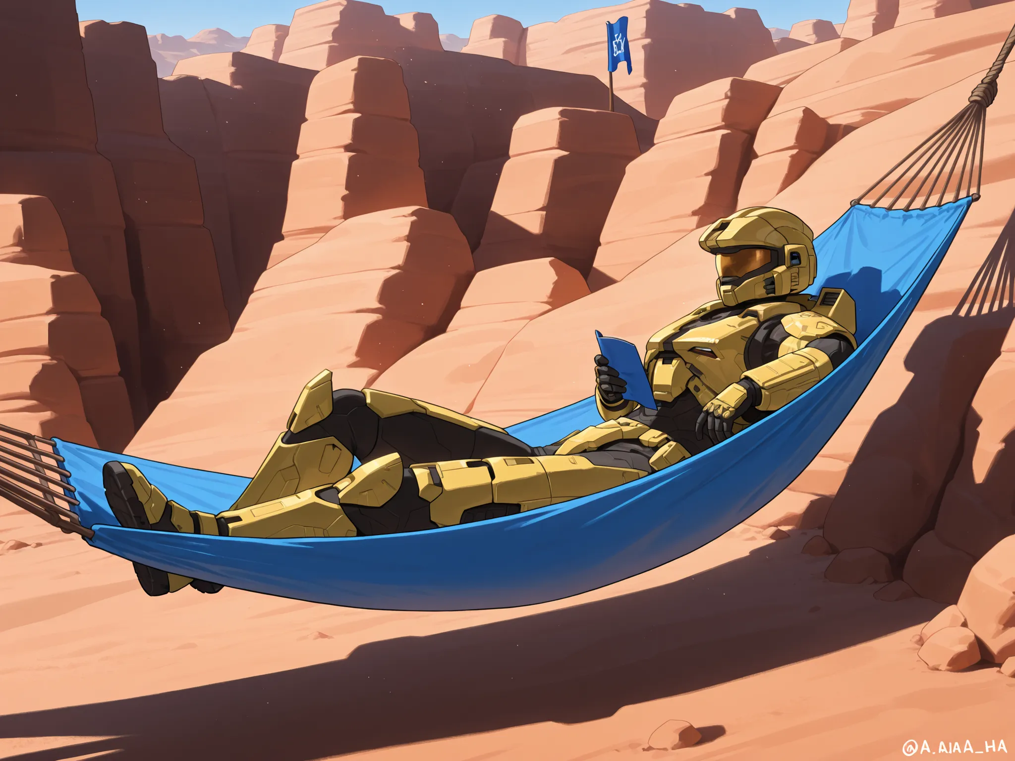 (halo\), spartan armor, yellow armor, laying in a hammock, by a blue flag, in a box canyon