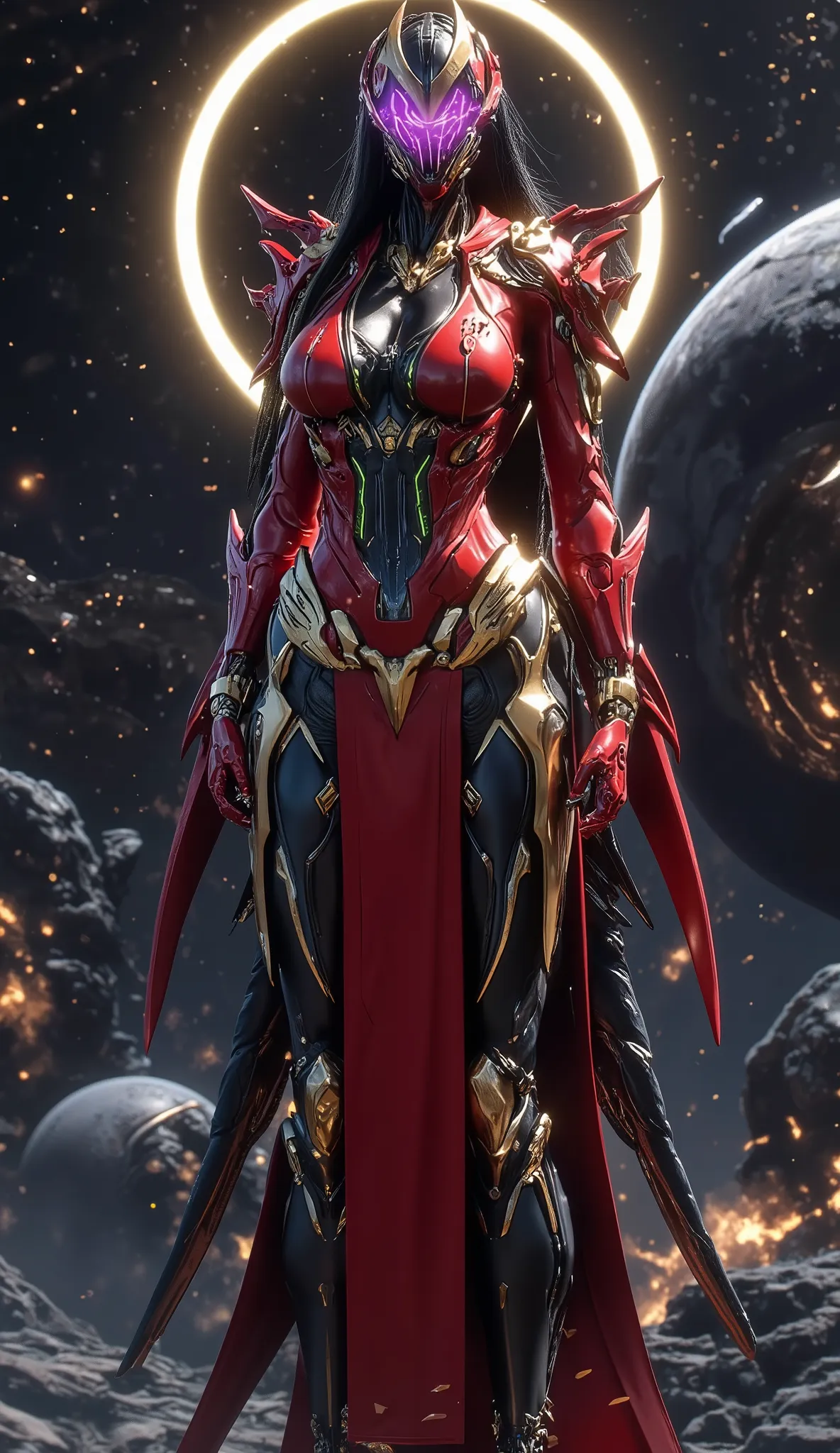 Full body, black hair, a Chinese woman with nanosuit carbon like a complete Holy cosmic armor in shiny red and gold is on, with green accents and a hint of purple , Futuristic and tough . Mecha half helmet that reaveal her beautiful face , there is a large...