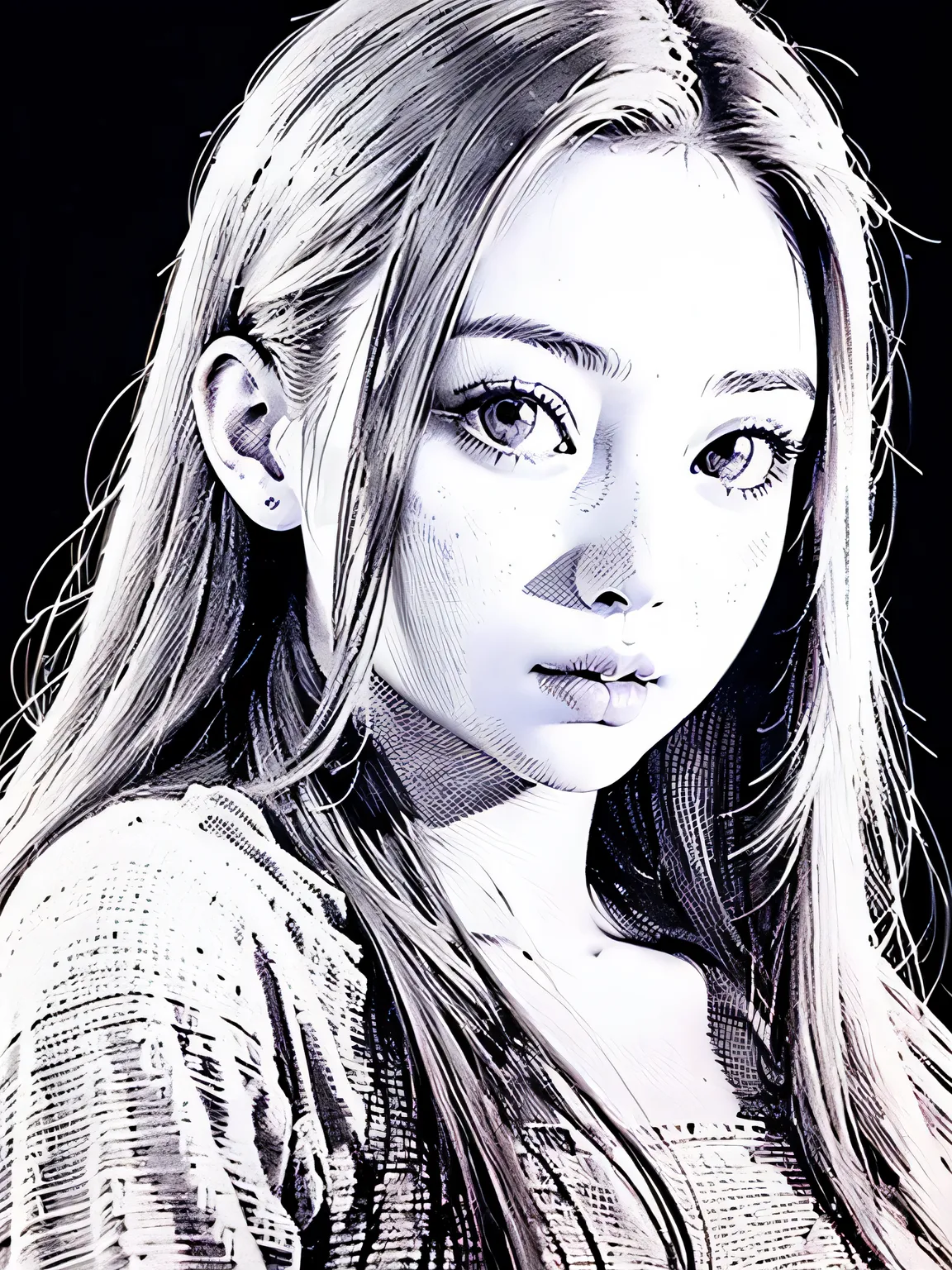 ((Ballpoint Pen Drawing, Best Quality, Super Detailed 1:2, Realistic Photo)), Portrait of One Beautiful Girl, Solo, Long Hair, Straight Hair, Watch Viewer, Bust Shot, Centering, Stippling, (White Background: 1.23)