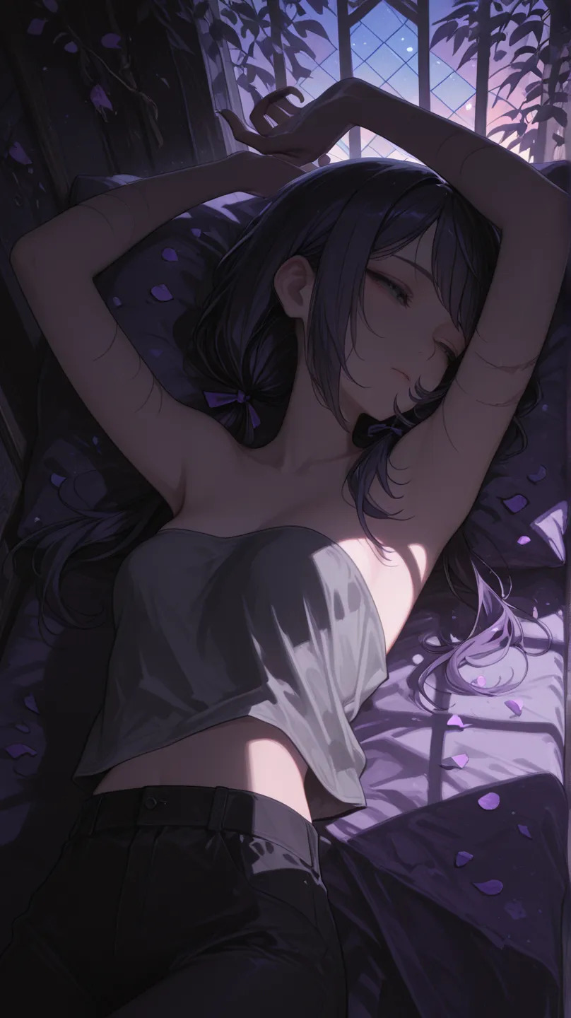 (masterpiece:1.2, Best Quality), (finely detailed beautiful eye: 1.2), (beautiful detailed face), ladyshadow, close up, portrait, upper body, tired, laying down, from above, laying on bed, head on pillow, willow tree branches, dusk, from side, looking away, single beam of light, dark background, dusk, strapless gray shirt, black trousers, low twin tails, hair ribbons, small breasts, one closed eye, gray eyes, swept bangs, arms up, good_hands, dark purple shadows, shadows on hands, thin legs, thin thighs, scars on arms, hand over mouth, mouth open, tousled hair, many pillows, dark purple flower petals, blanket, stained glass windows, 