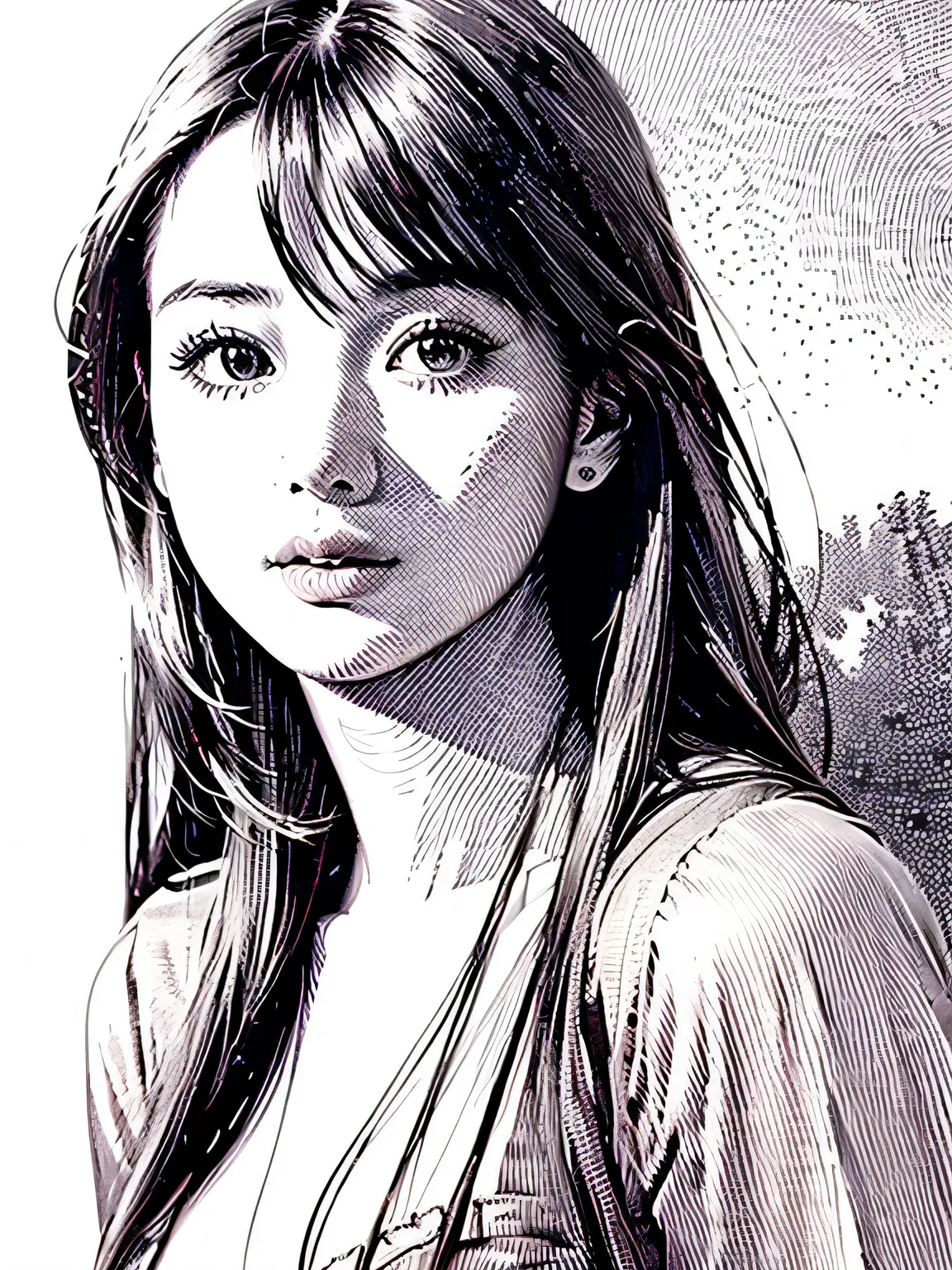 ((Ballpoint Pen Drawing, Best Quality, Super Detailed 1:2, Realistic Photo)), Portrait of One Beautiful Girl, Solo, Long Hair, Straight Hair, Watch Viewer, Bust Shot, Centering, Stippling, (White Background: 1.23)