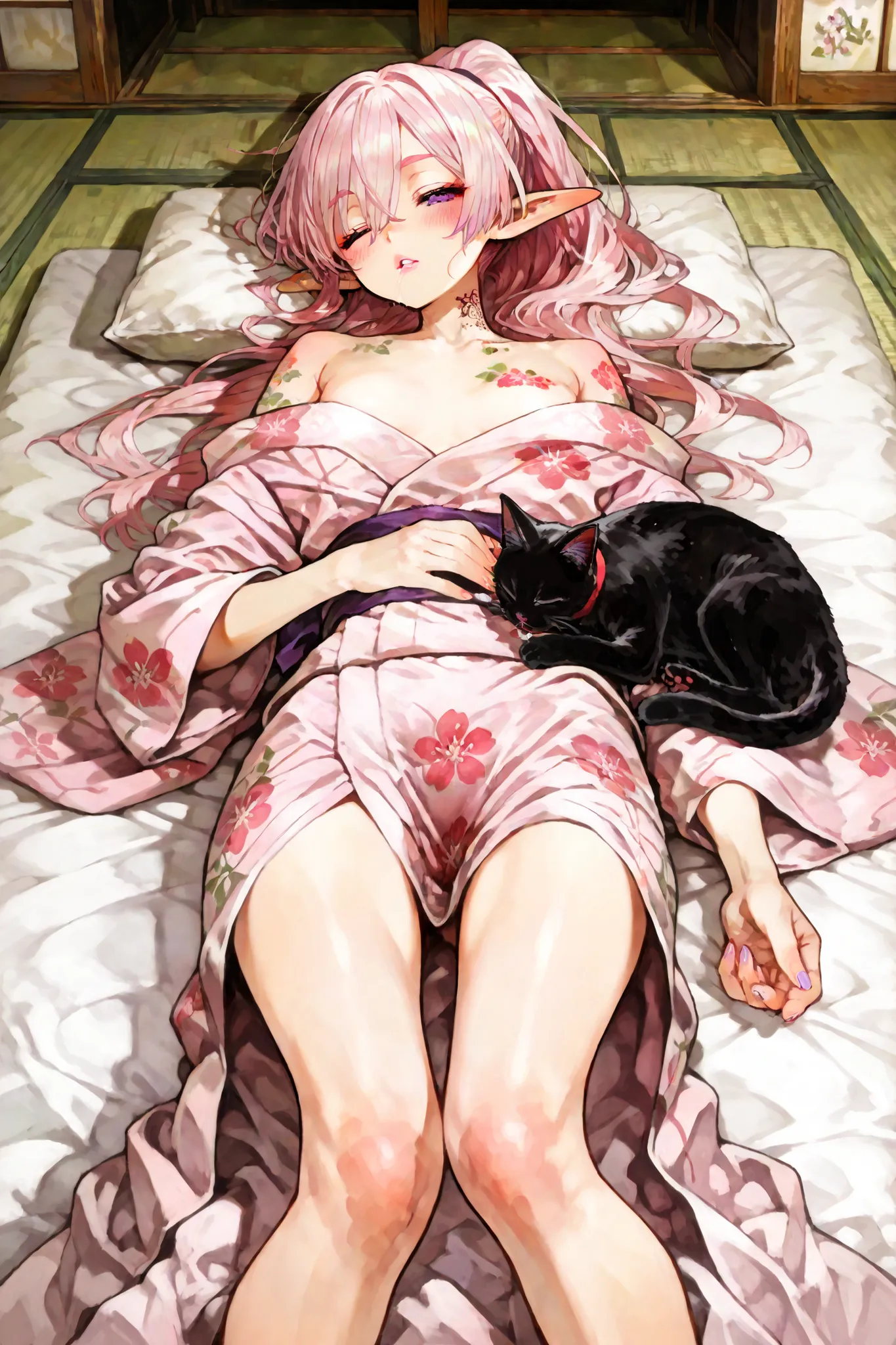 7-JapaneseArchitecture, is sleeping lying on a futon、Waking up.sleepy face.(solo、petite girl getting her knees、pink hair、long hair、ponytail、Hair between eyebrows、elf ears、purple eyes、Parted Lip、pink lips、neck tattoo、flower tattoo、spot color、elegant posture...