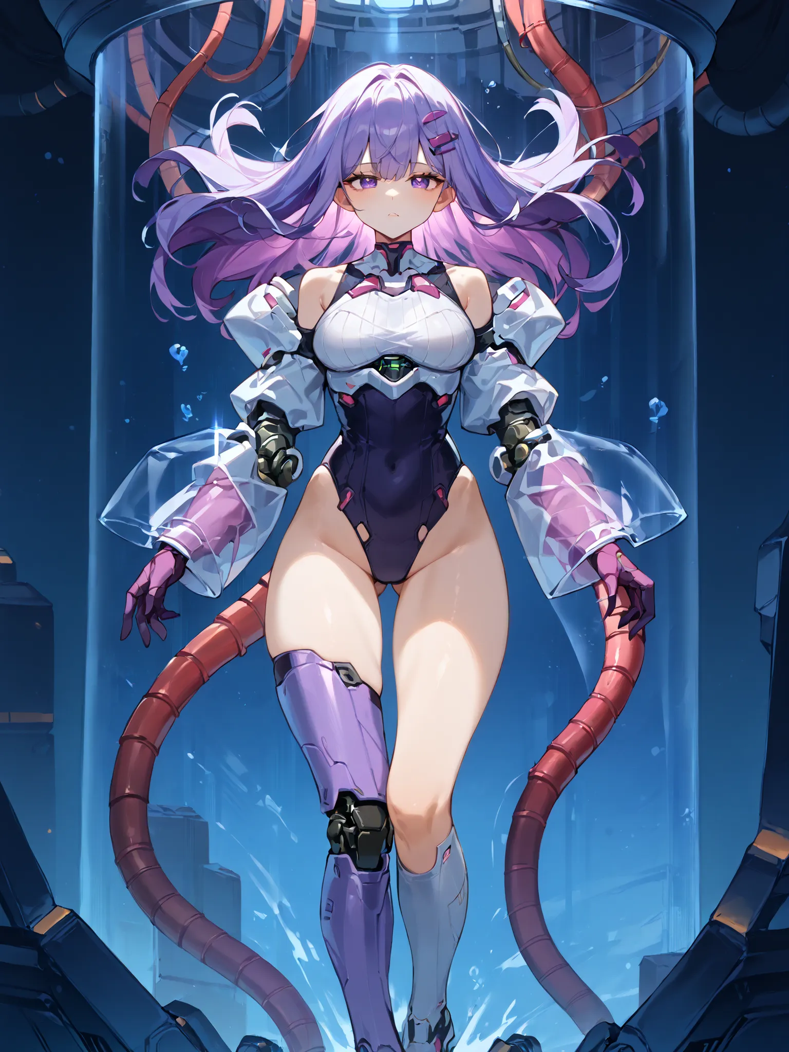 For Mechanical Sides、High Quality、anatomically accurate、one woman、A futuristic android girl floating inside a culture capsule  , purple hair carrying a book、Futuristic Purple Armor, very sexy 、my skin is white, Layered,  Display of internal mechanisms , me...