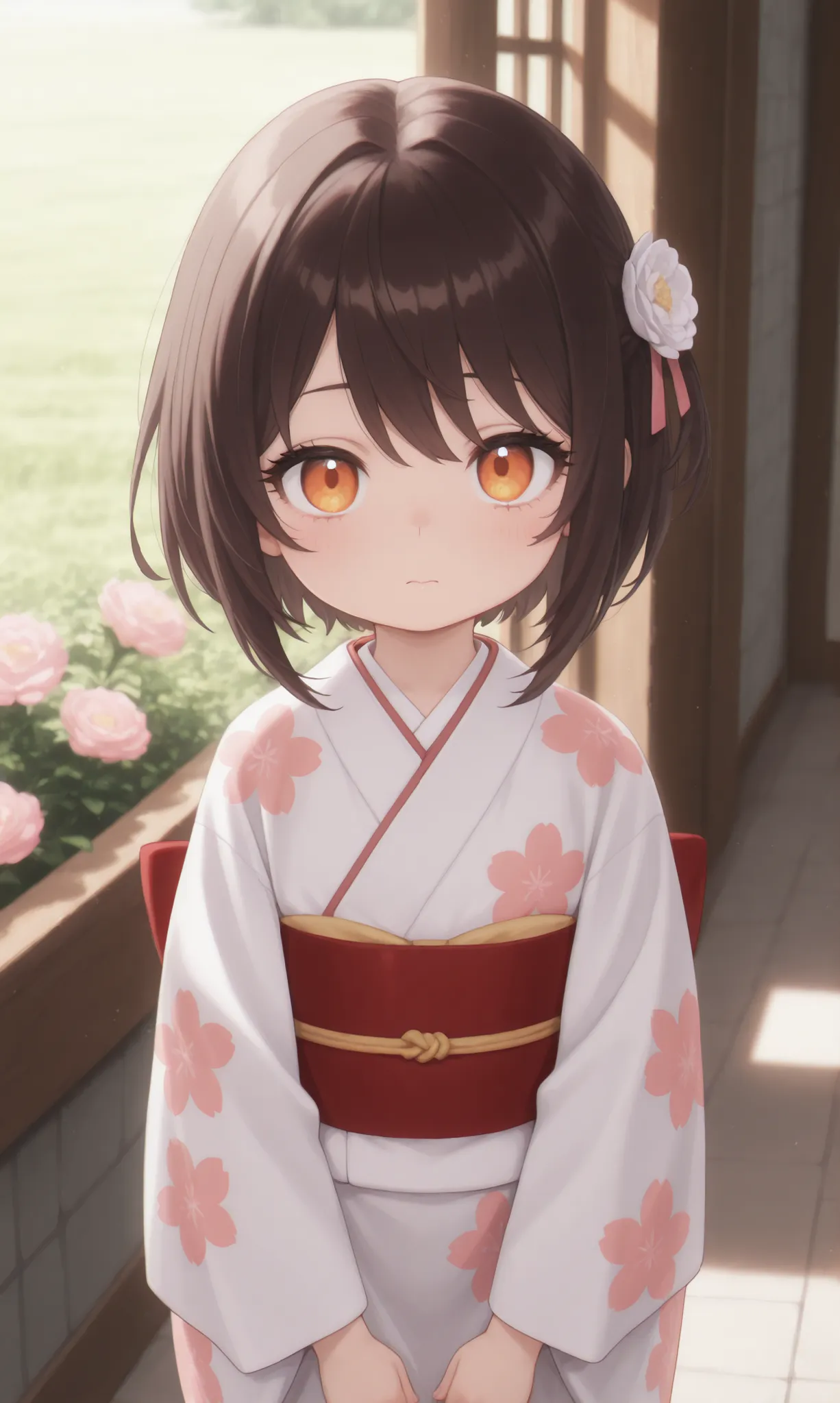 masterpiece, better quality, newest, safe, good anatomy, good resolution, good lighting.  beautiful, anime, , adorable. Little girl, Dark Brown Hair and Short Hair, Hairstyle. Intense orange eyes. black eyelashes, piel clara. Age: 5, It measures 1'10 cm . ...