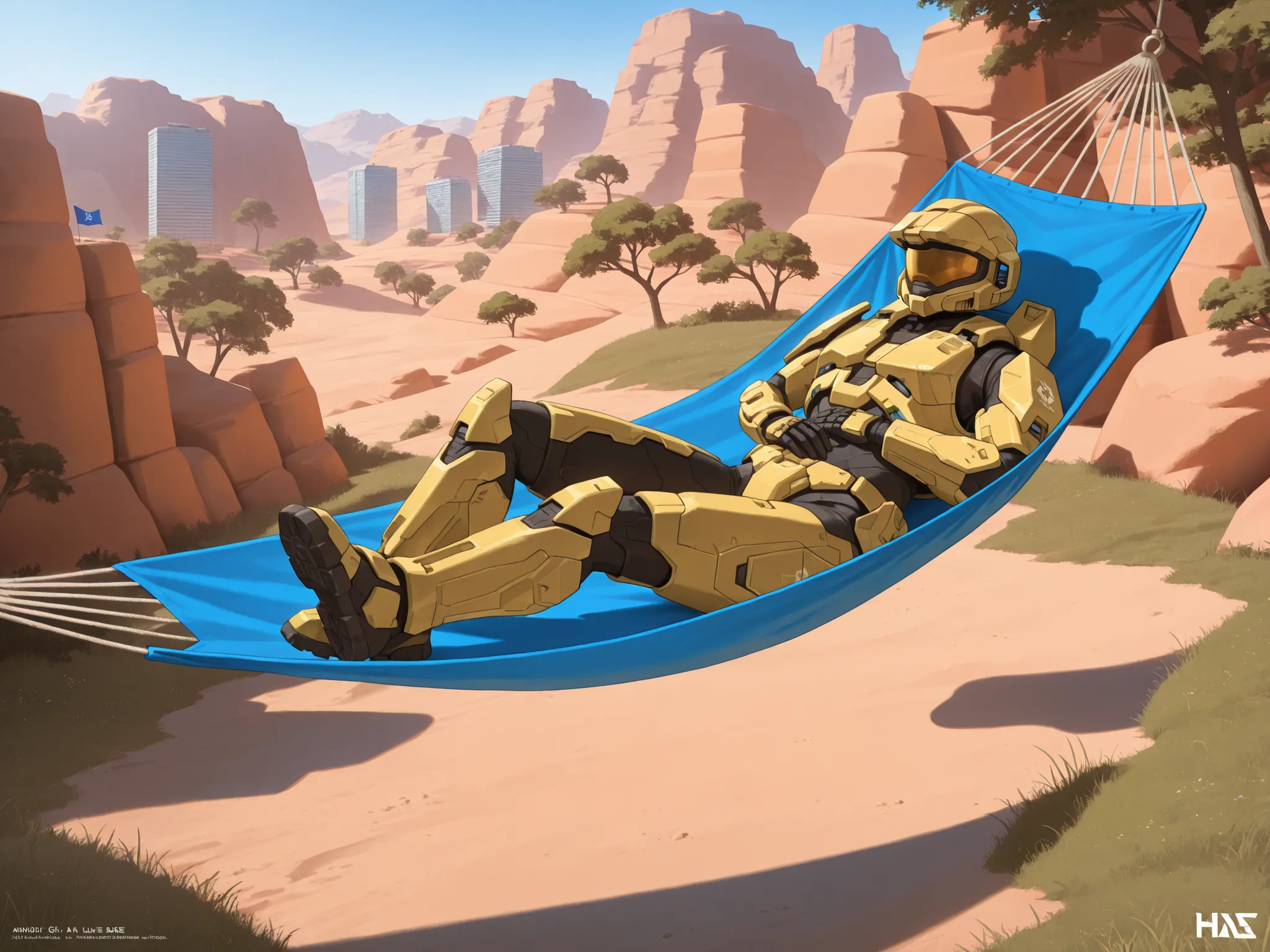 (halo\), spartan armor, yellow armor, laying in a hammock, napping, by a blue flag, in a box canyon, grass, trees, metal sci-fi building, blue_base, 