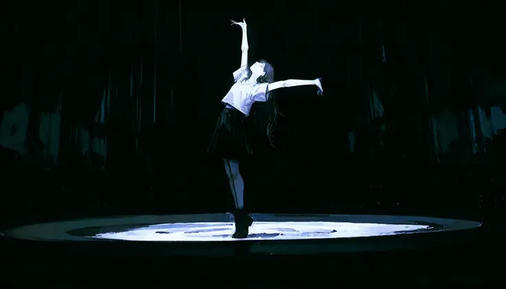 (1girl:1.5), conceptual black and white manga illustration, high contrast ink drawing with slight color nuance. A distant, wide shot of a lone woman levitating in a vast, empty space. Her body floats upright in perfect stillness, gently pulled upward as if...