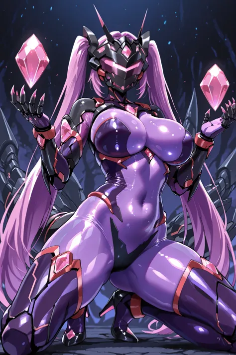 Cyborg girl. Visor with crystals covering her head. Tentacle antennae. Hands growing out of her head. Glossy. Purple bodysuit. Black mechanical bondage costume. Crystal claws. Sharp claws. Pink crystals. Pert breasts. Detailed navel. Sharp high heels. Crys...