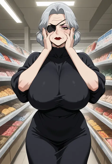 Grandma. gray hair, black eyes, short hair, dark red lips, wrinkles, earrings, makeup, huge saggy breasts, cowboy shot, frown ,looking at viewer, masterpiece, best quality, amazing quality, old woman and young guy.|  young boy. 1old woman. Little Child Poi...