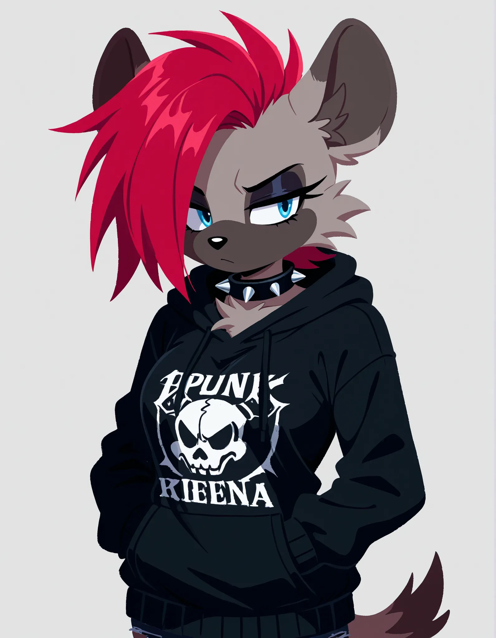 sonicchann3l,, 1girl, solo, anthro hyena, furry, furry female, blue eyes, punk, grey fur, black hoodie, breast, spike collar, red hair,