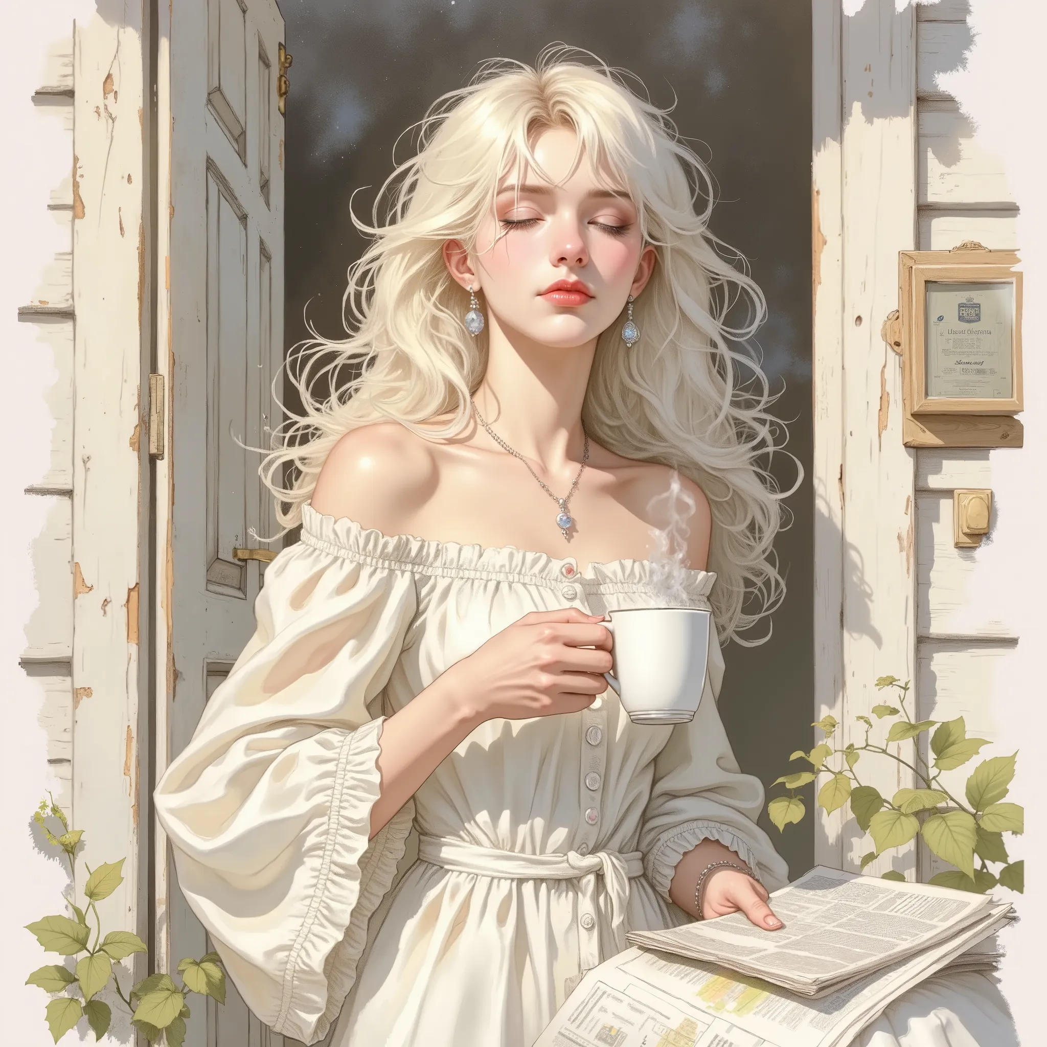masterpiece, high-detail A beautiful but slightly disheveled young woman in her twenties, at the doorway of her home in the early morning, illustrated in delicate watercolor style. She wears a loose, sensual pajama set that falls off one shoulder. Her hair...
