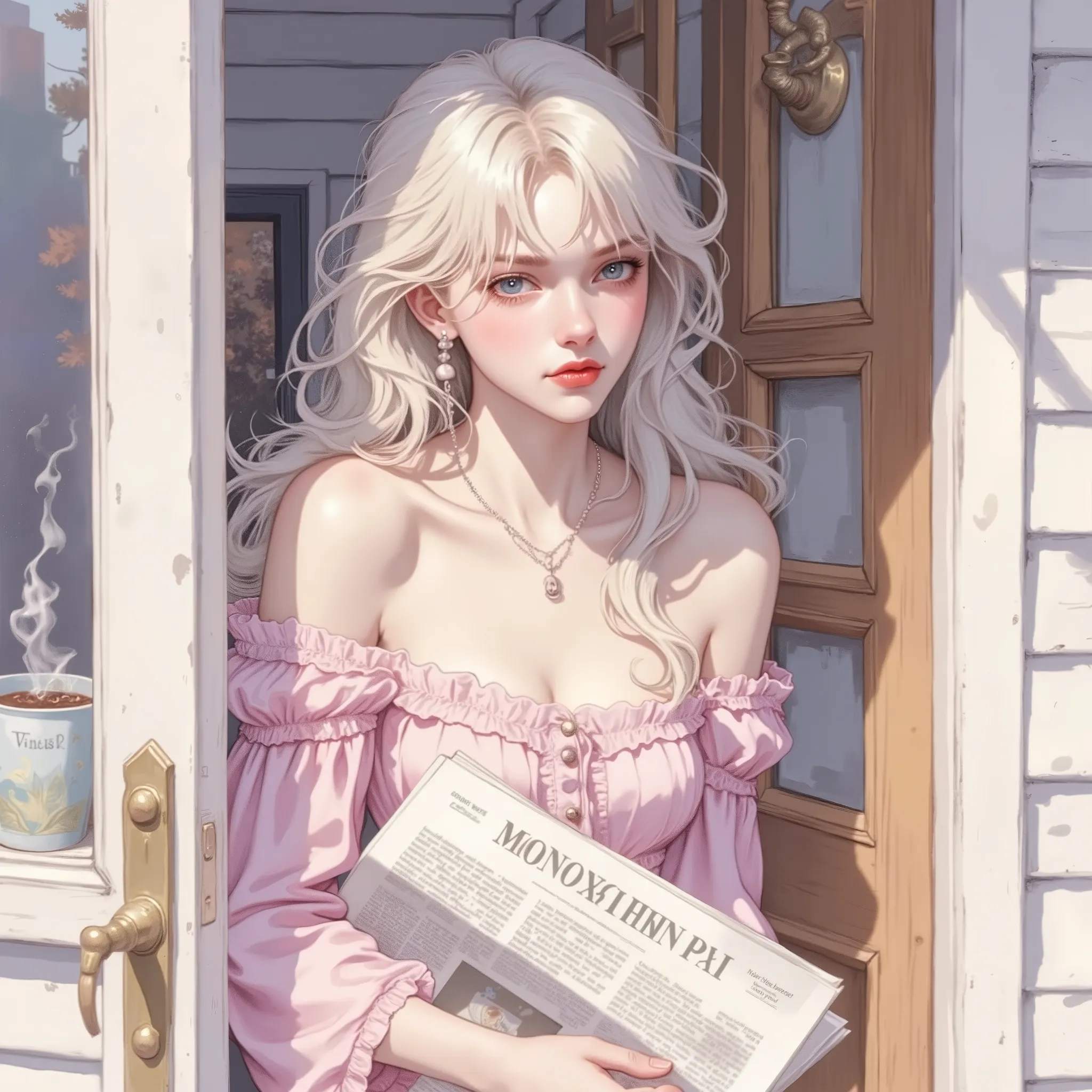 masterpiece, high-detail, closeup of A beautiful but slightly disheveled young woman in her twenties, at the doorway of her home in the early morning, illustrated in delicate watercolor style. She wears a loose, sensual pajama set that falls off one should...