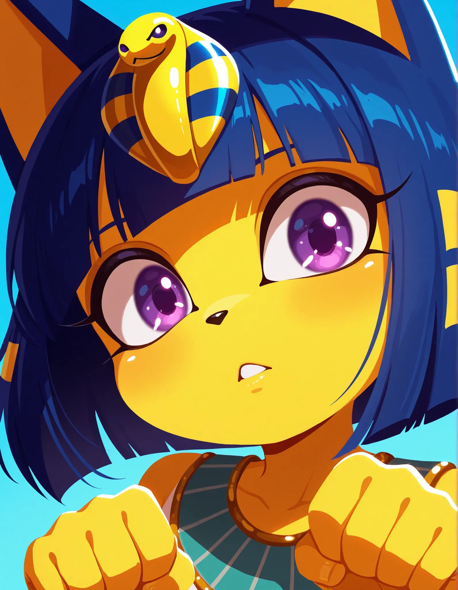 sonicchann3l,, depth of field, 1girl, furry, ankha \(animal crossing\), expressionless, eye reflection, yellow background, yellow theme, blue background, desert,, purple eyes, glowing eyes, wide-eyed, paw pose, looking at viewer, close-up, parted lips,