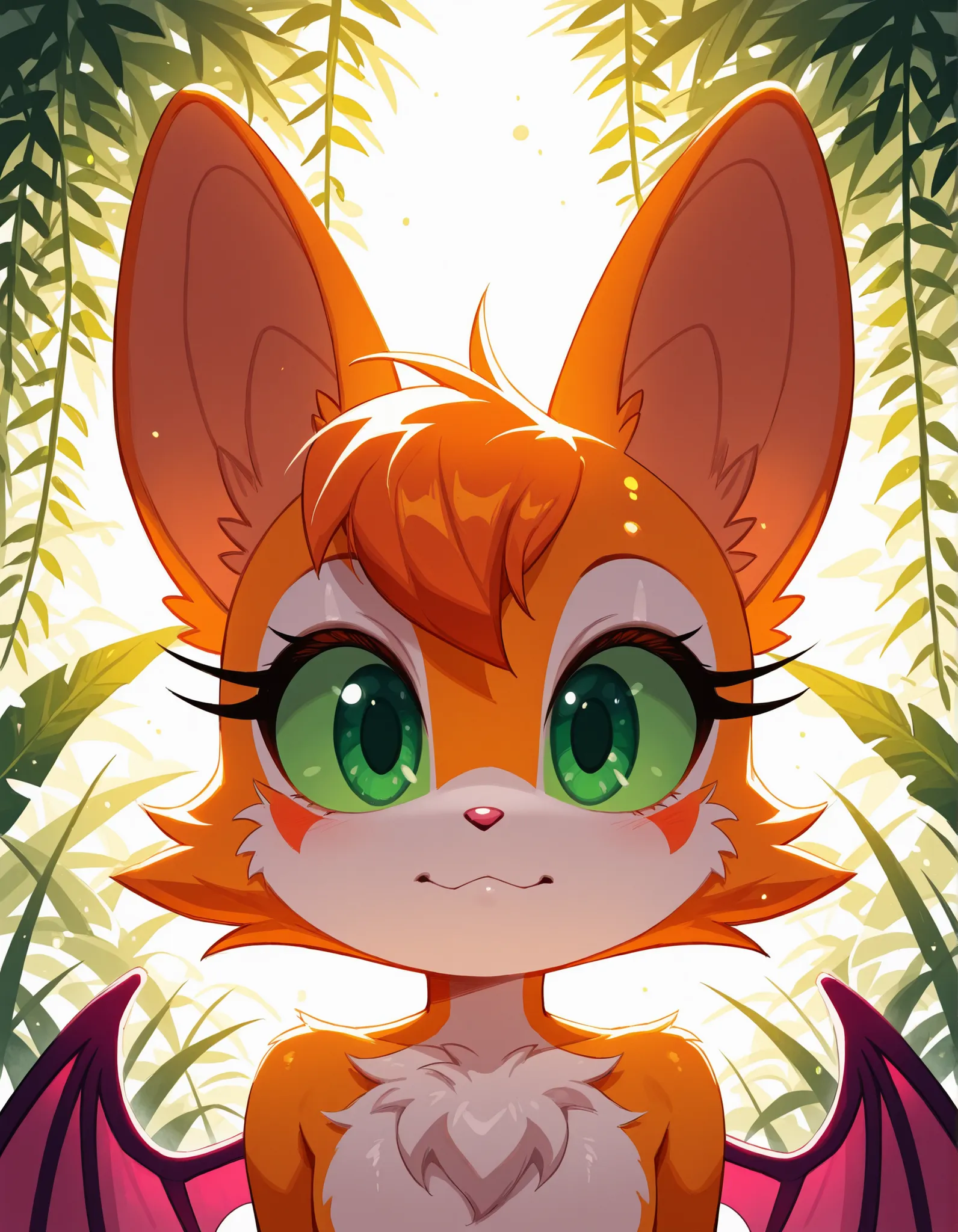 sonicchann3l,, masterpiece, best quality, very aesthetic, (1girl:0.7),, (solo:1.3), furry, fidget \(elysian tail\), nimbat, fidget_daet, anthro, furry female, wings, tail, green eyes, colored sclera, bat wings, facial markings, orange fur, white fur, two-t...
