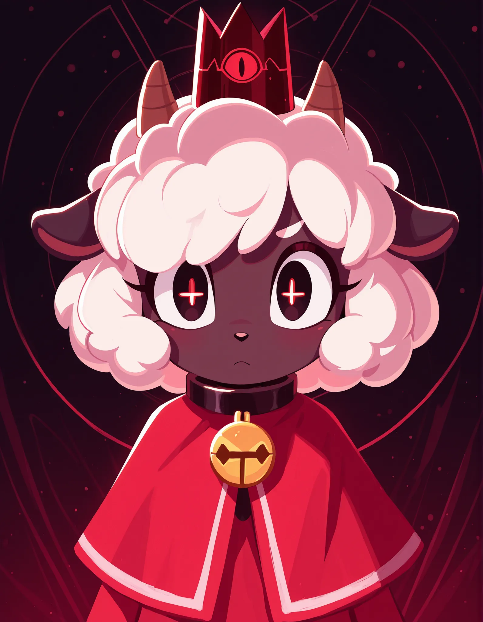 sonicchann3l,, masterpiece, best quality, very aesthetic, 1girl, solo, cult of the lamb, sheep girl, collar, horizontal pupils, red/black eyes, red crown,