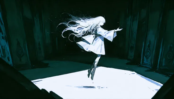 (1girl:1.5), conceptual black and white manga illustration, high contrast ink drawing with slight color nuance. A distant, wide shot of a lone woman suspended in midair, clearly levitating in a vast, empty space. Her entire posture conveys upward motion an...