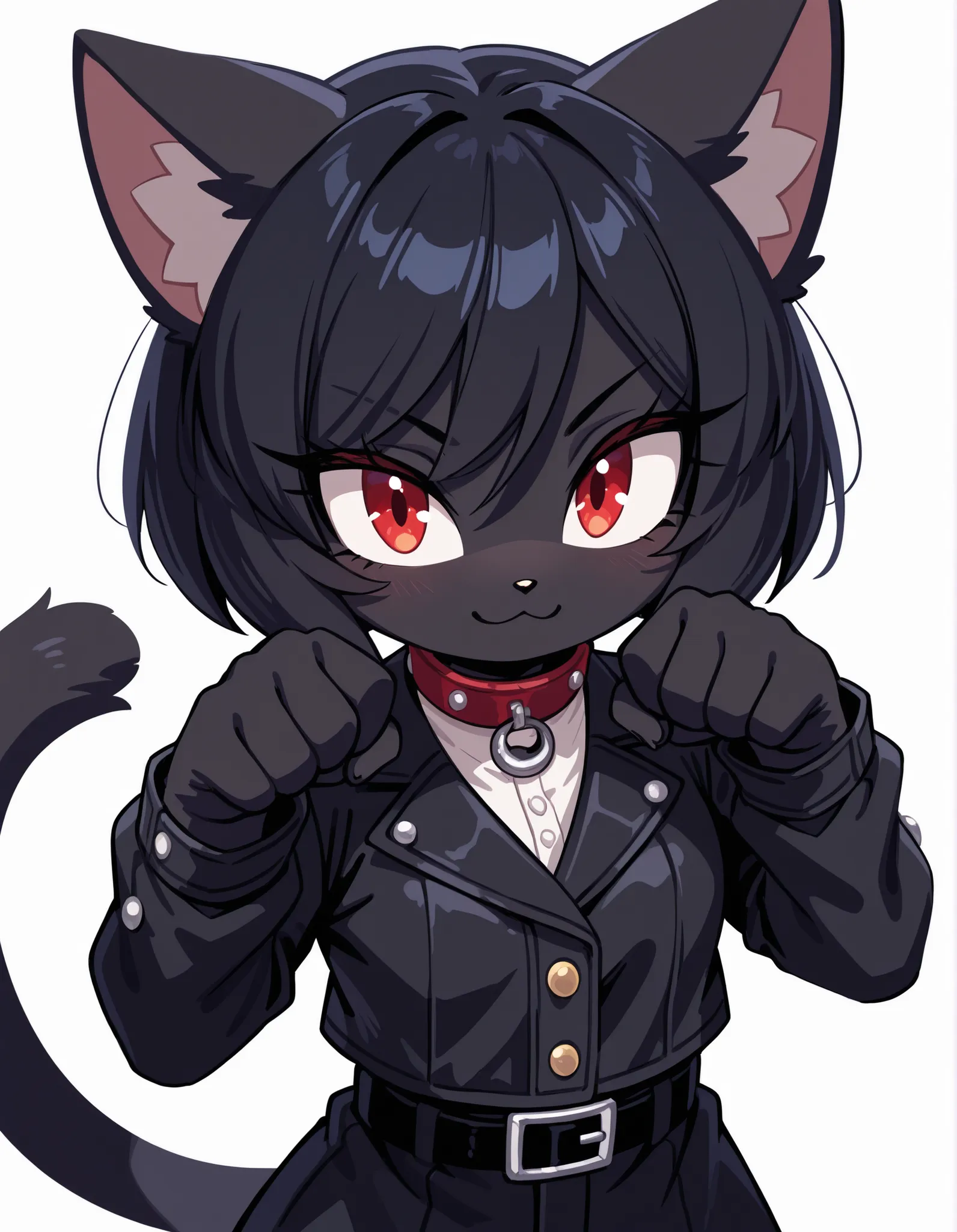 sonicchann3l,, masterpiece, best quality, very aesthetic, 1girl, solo, white background, looking at viewer, portrait, paw pose, :3, furry female, cat girl, animal ears, black hair, short hair, black skin, red eyes, cat tail, black jacket, buttons, long sle...